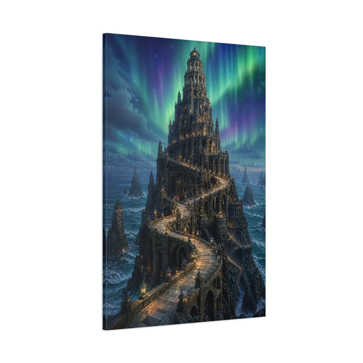 Side Mockup 1. Northern Lights Stone Tower shown as canvas print