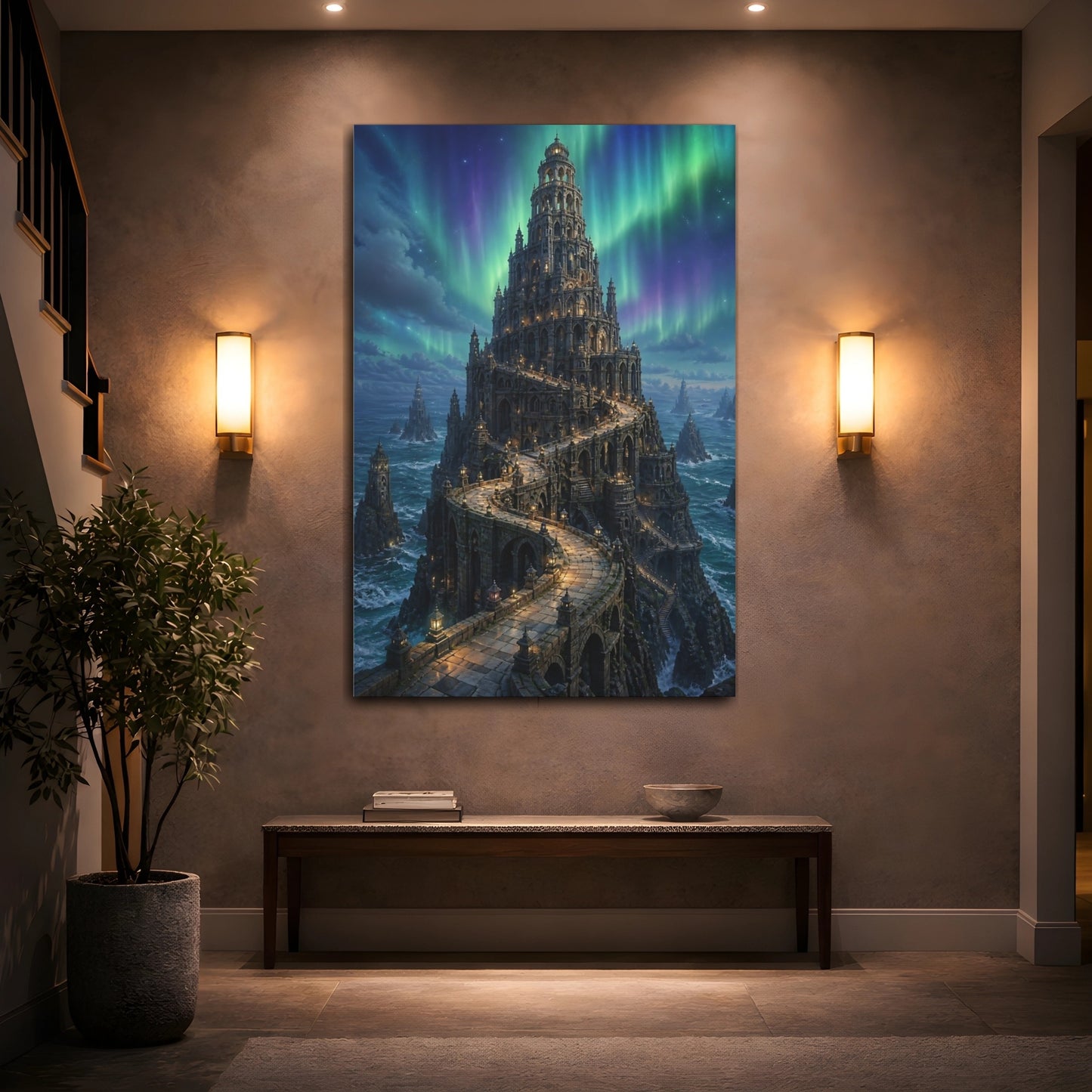 Mockup 2. Northern Lights Stone Tower shown as canvas print