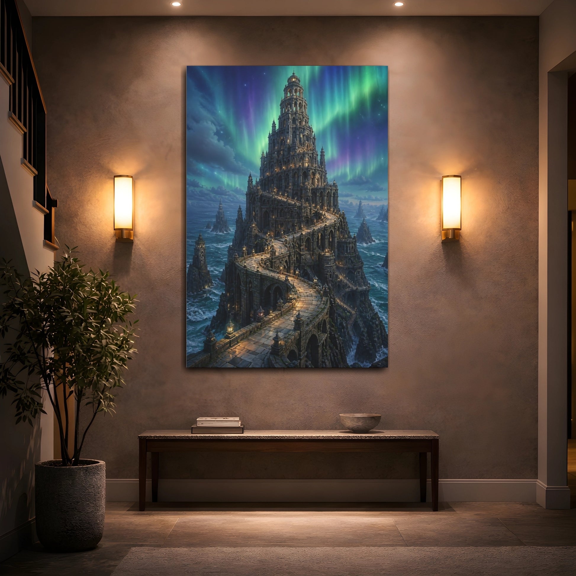Mockup 2. Northern Lights Stone Tower shown as canvas print