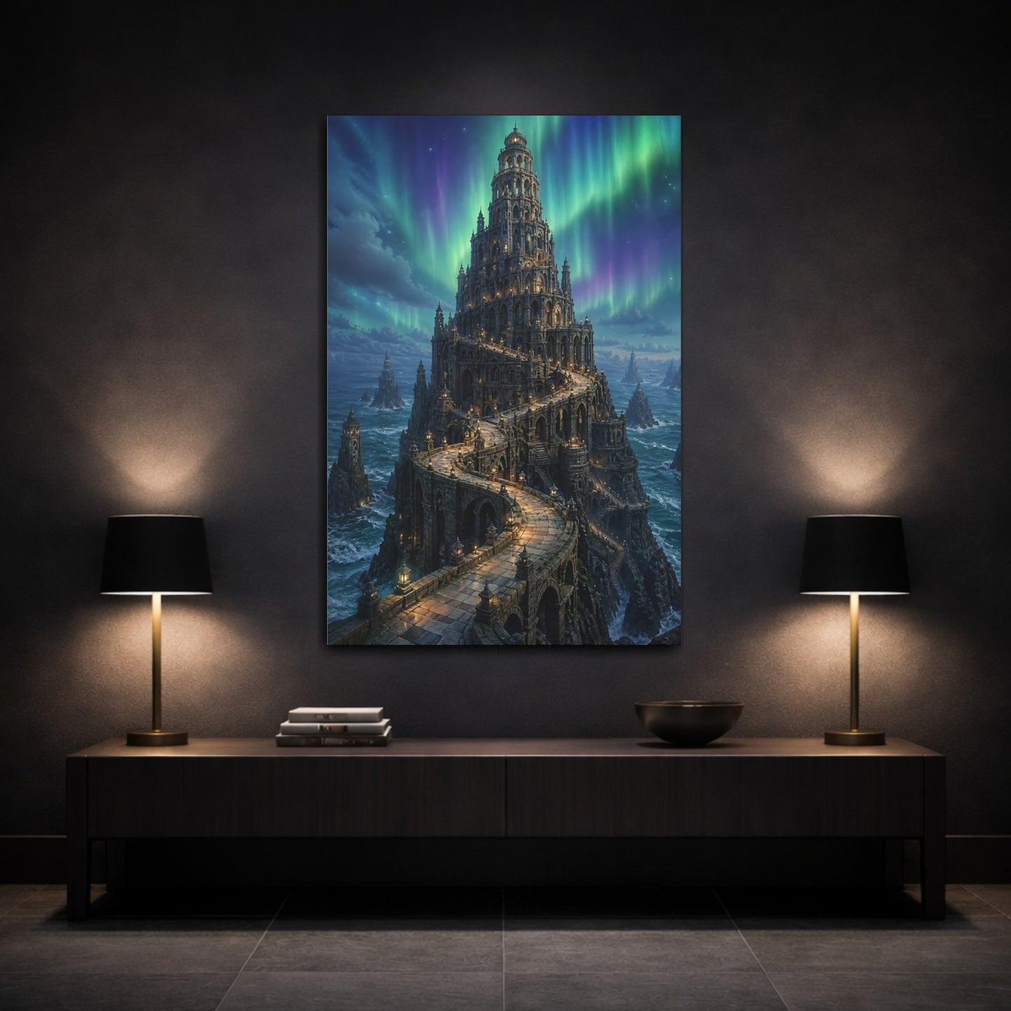 Mockup 3. Northern Lights Stone Tower shown as canvas print