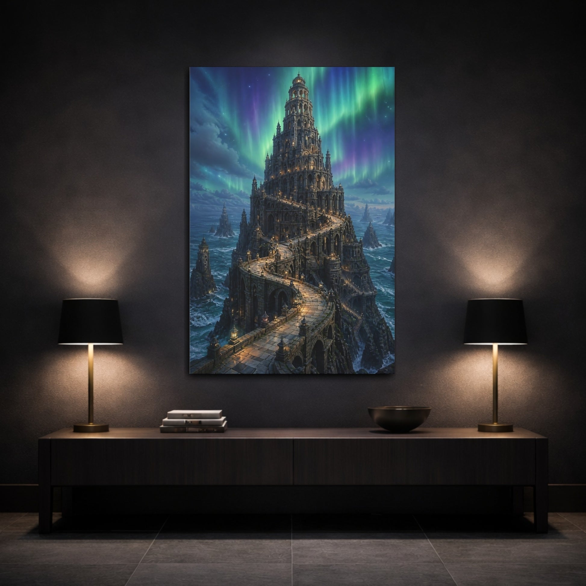Mockup 3. Northern Lights Stone Tower shown as canvas print