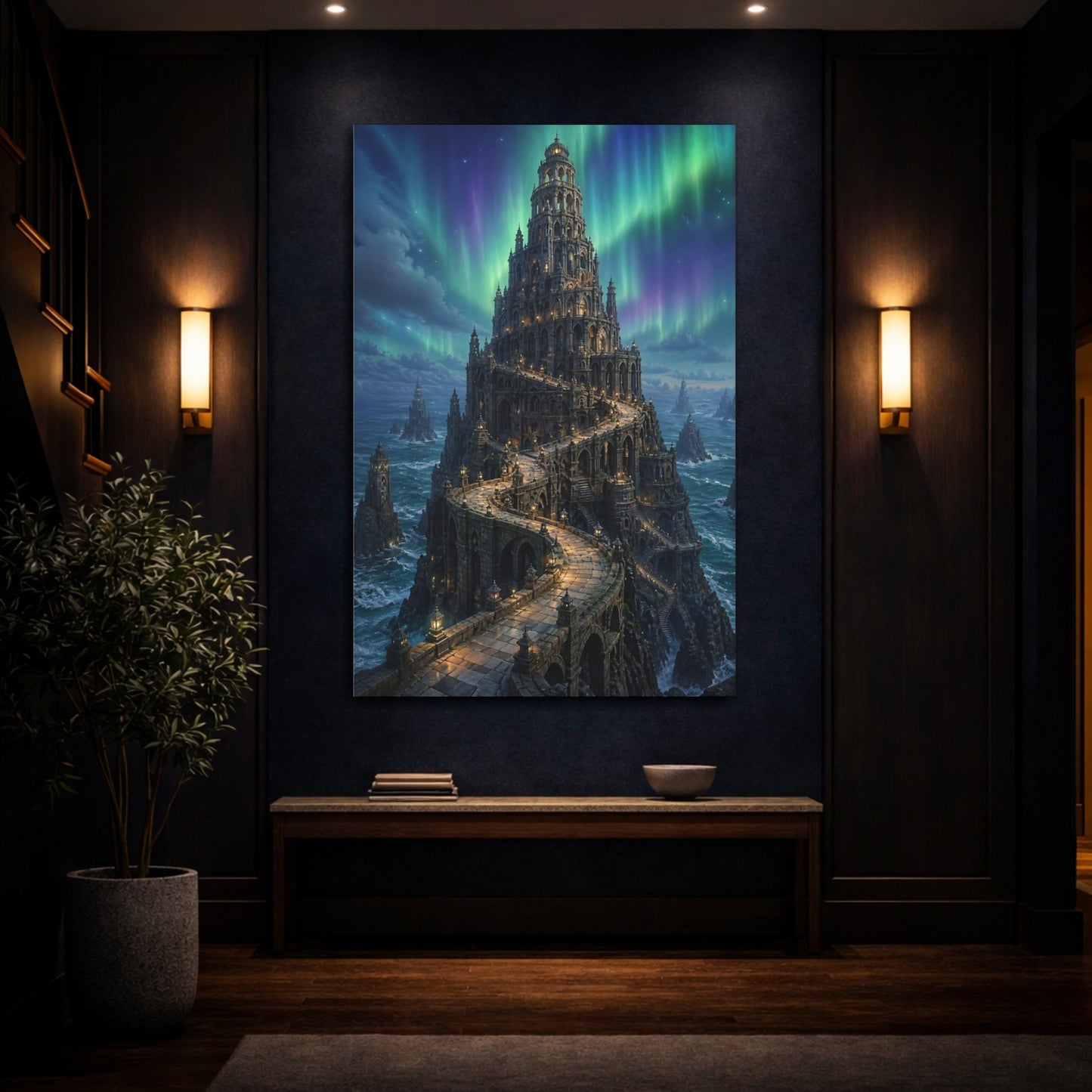Mockup 4. Northern Lights Stone Tower shown as canvas print