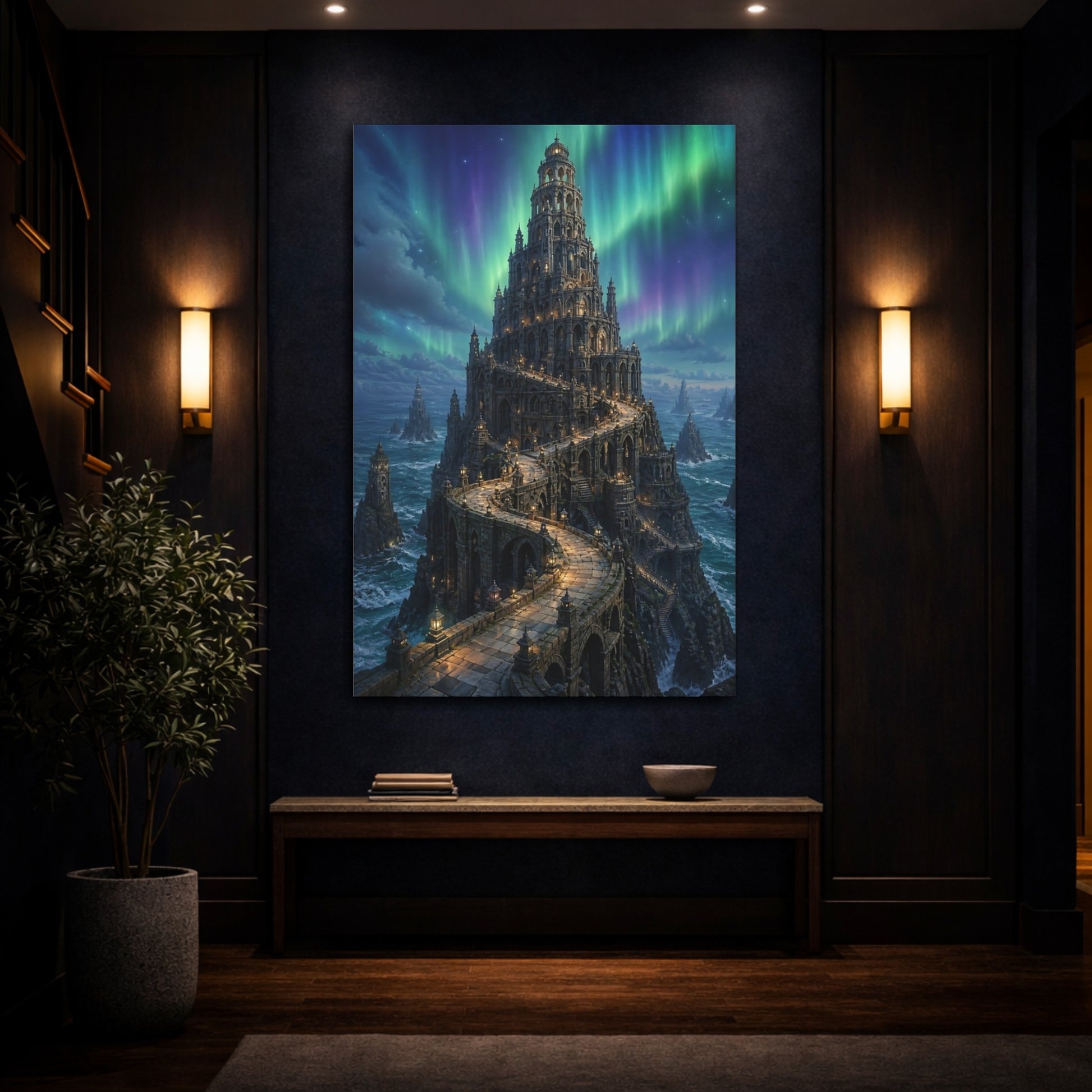 Mockup 4. Northern Lights Stone Tower shown as canvas print