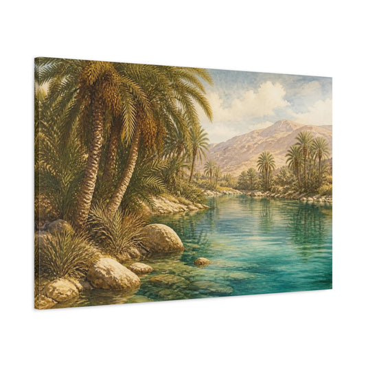 Main Mockup. Oasis Of Date Palms shown as canvas print