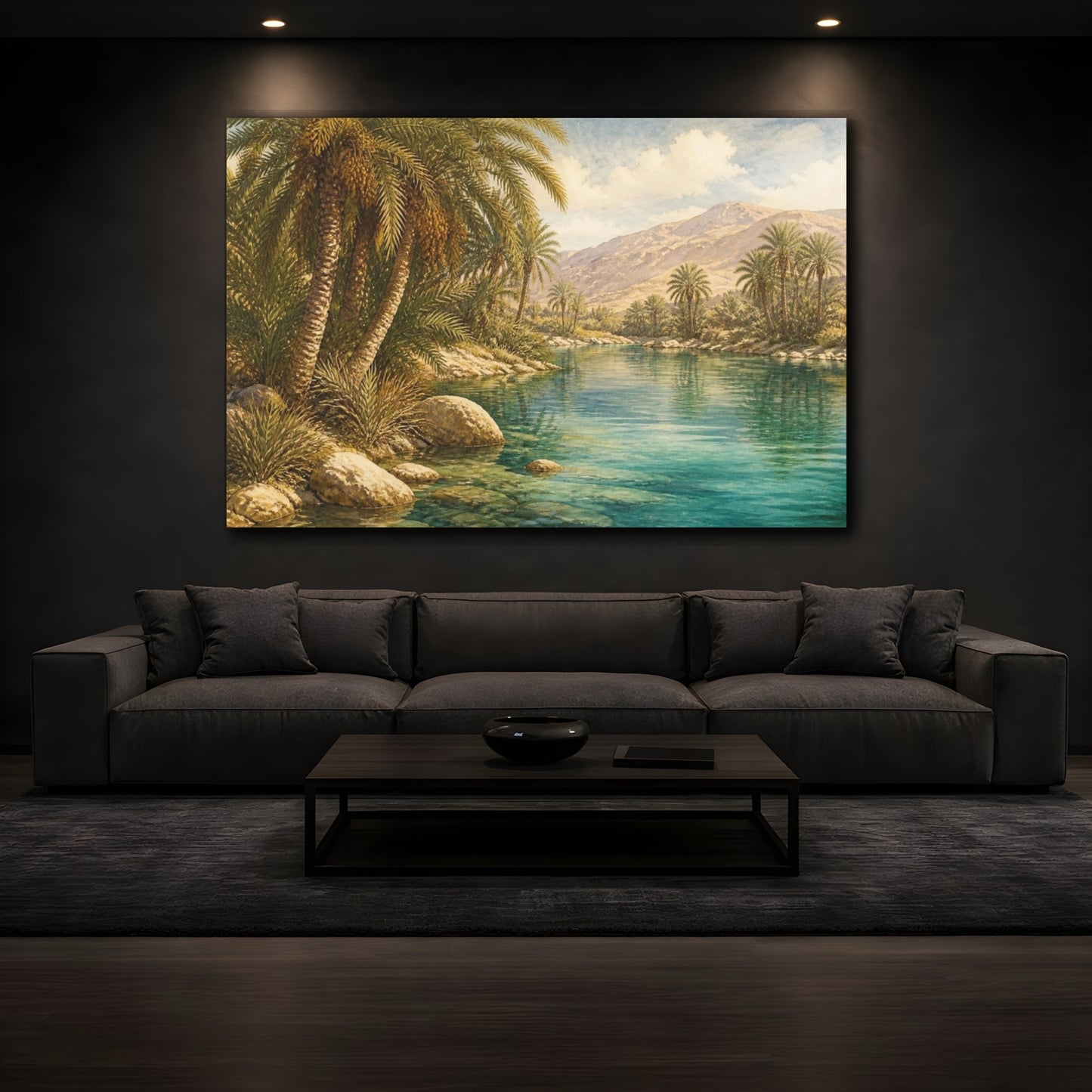 Mockup 3. Oasis Of Date Palms shown as canvas print