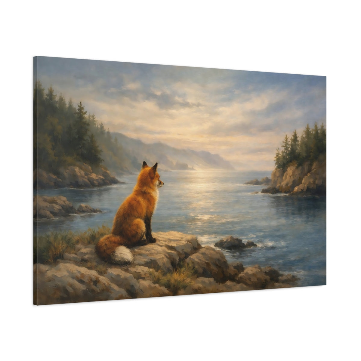 Main Mockup. Ocean Fox Forest Soft Scene shown as stretched canvas wall art