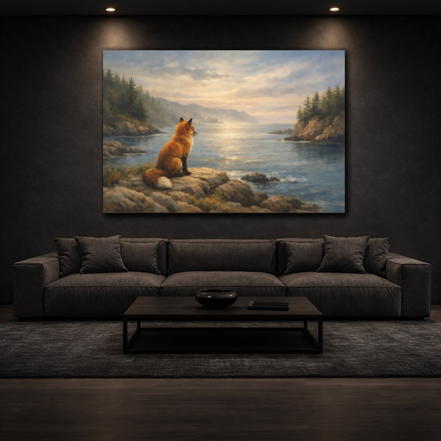 Mockup 2. Ocean Fox Forest Soft Scene shown as stretched canvas wall art