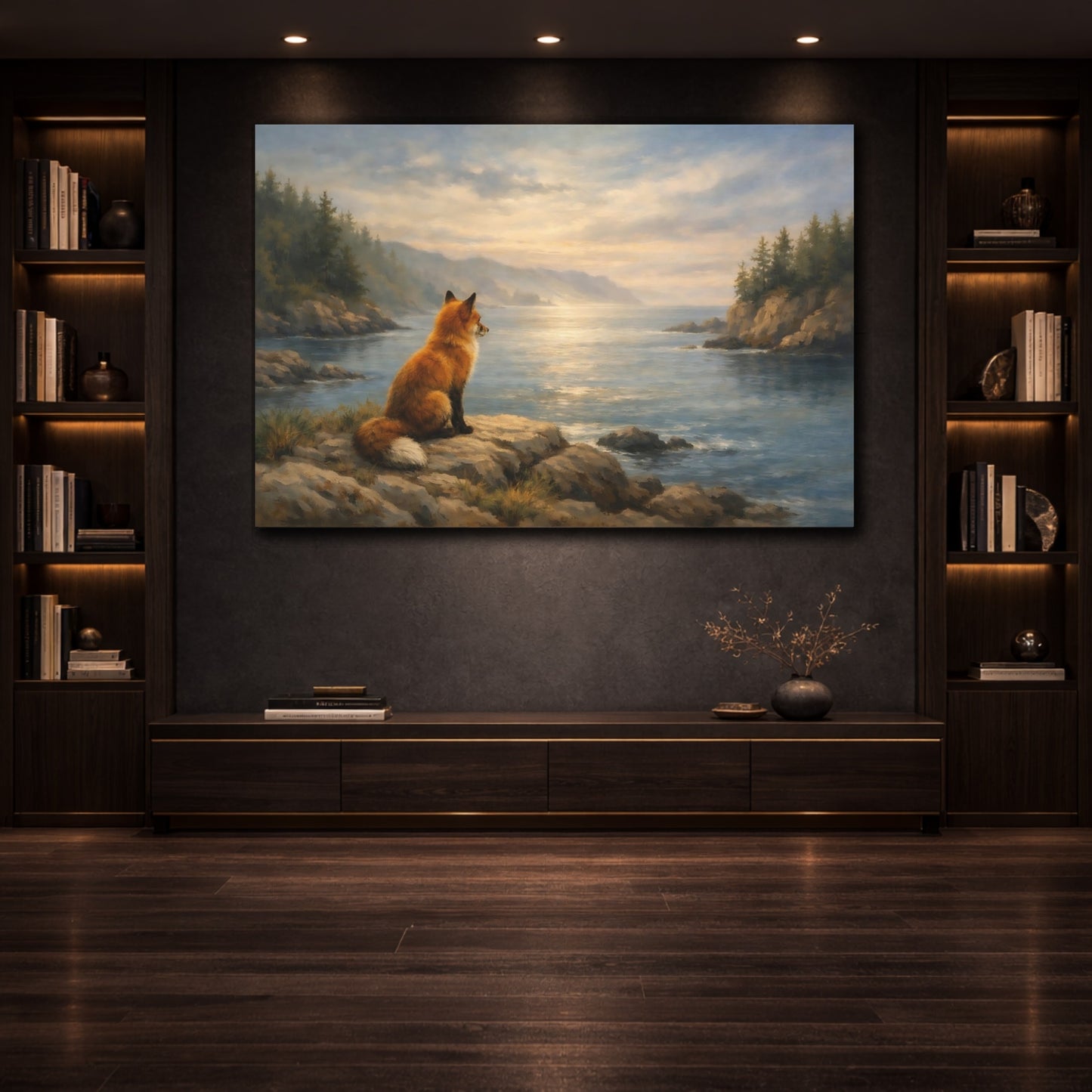 Mockup 3. Ocean Fox Forest Soft Scene shown as stretched canvas wall art