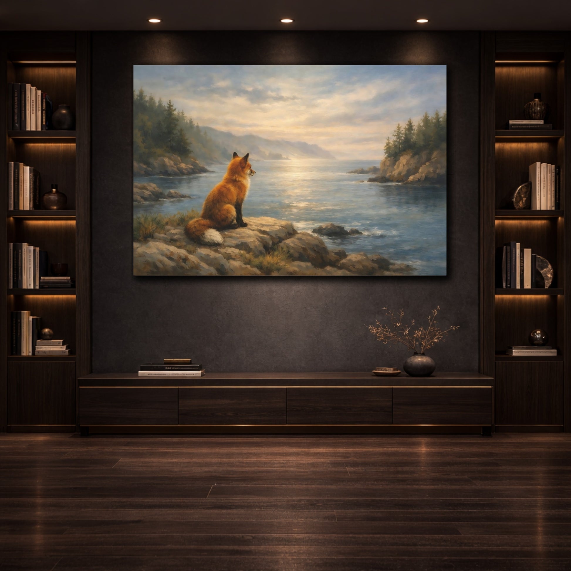 Mockup 3. Ocean Fox Forest Soft Scene shown as stretched canvas wall art
