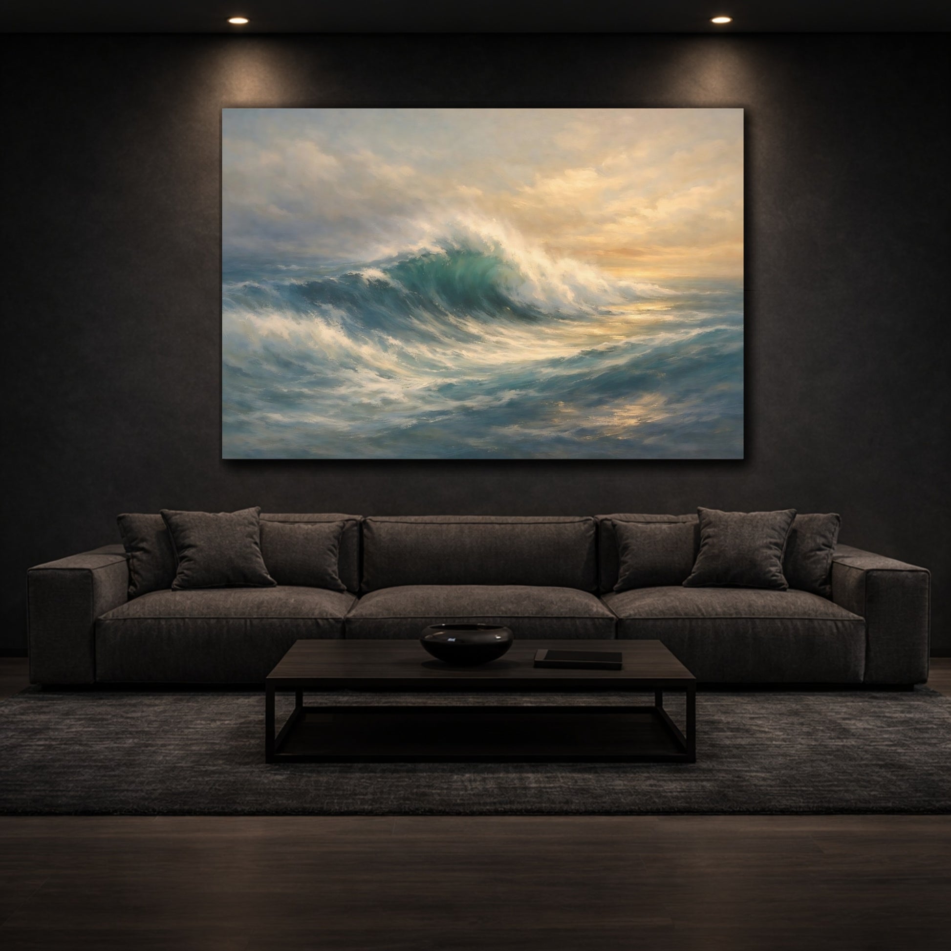 Mockup 2. Ocean Memory Fade Abstract Field shown as stretched canvas wall art