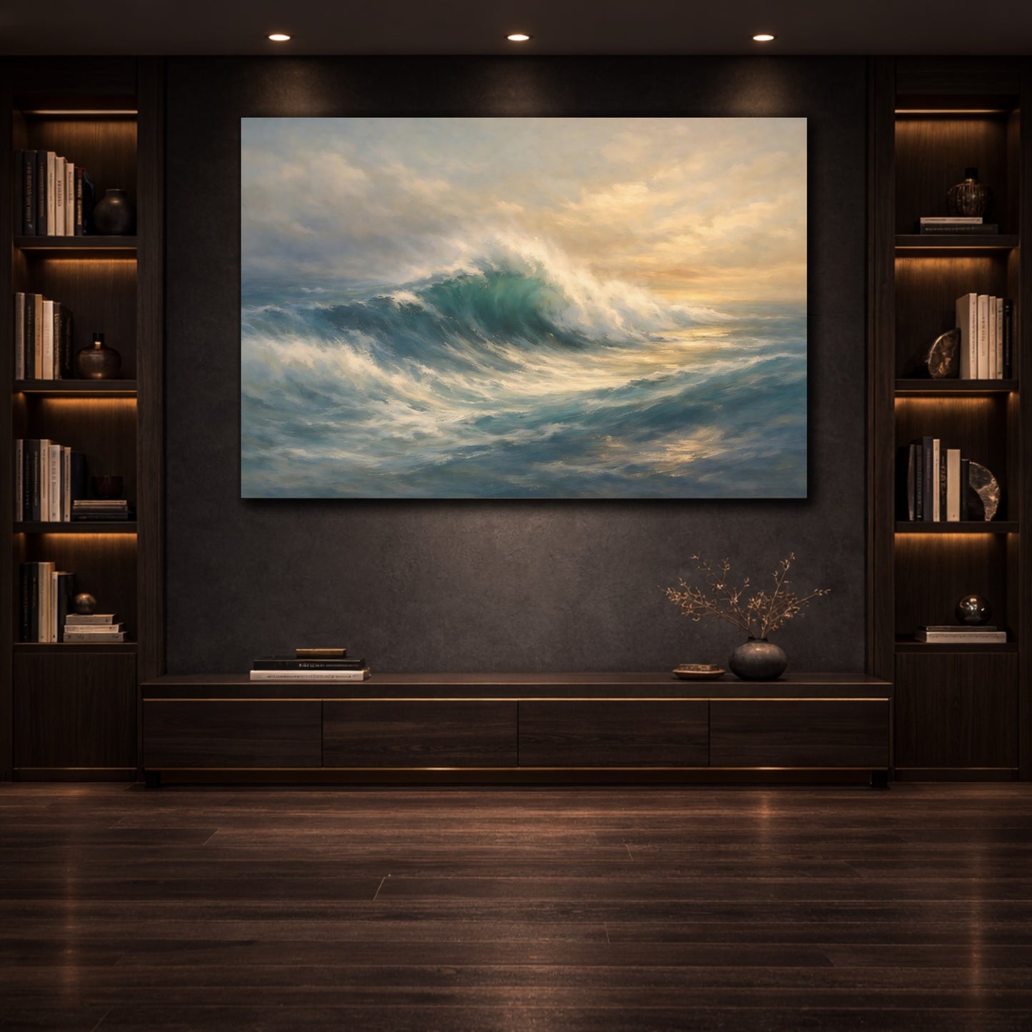 Mockup 3. Ocean Memory Fade Abstract Field shown as stretched canvas wall art