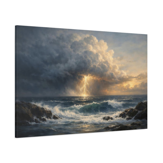 Main Mockup. Ocean Storm Front Cinematic Horizon shown as stretched canvas wall art