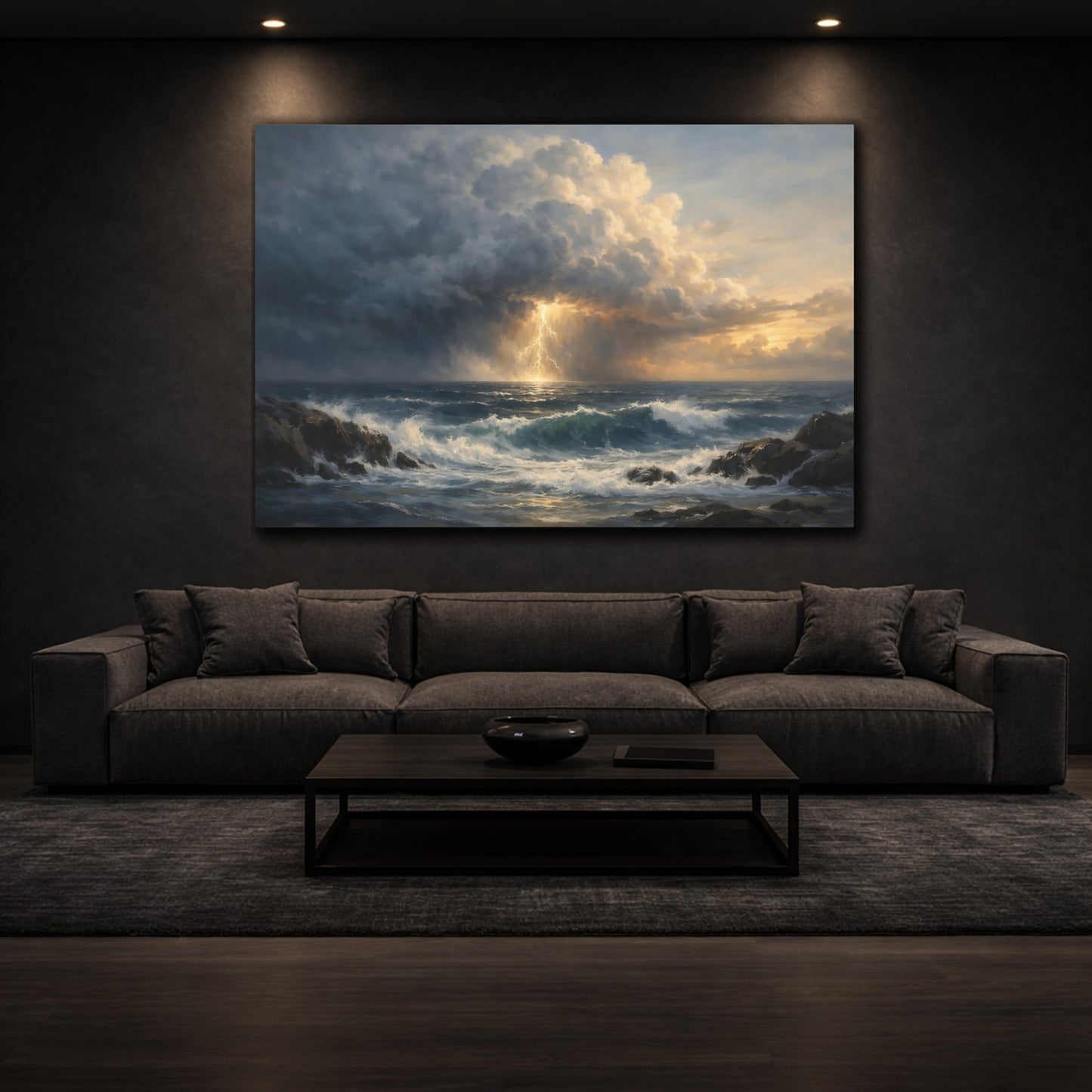 Mockup 2. Ocean Storm Front Cinematic Horizon shown as stretched canvas wall art