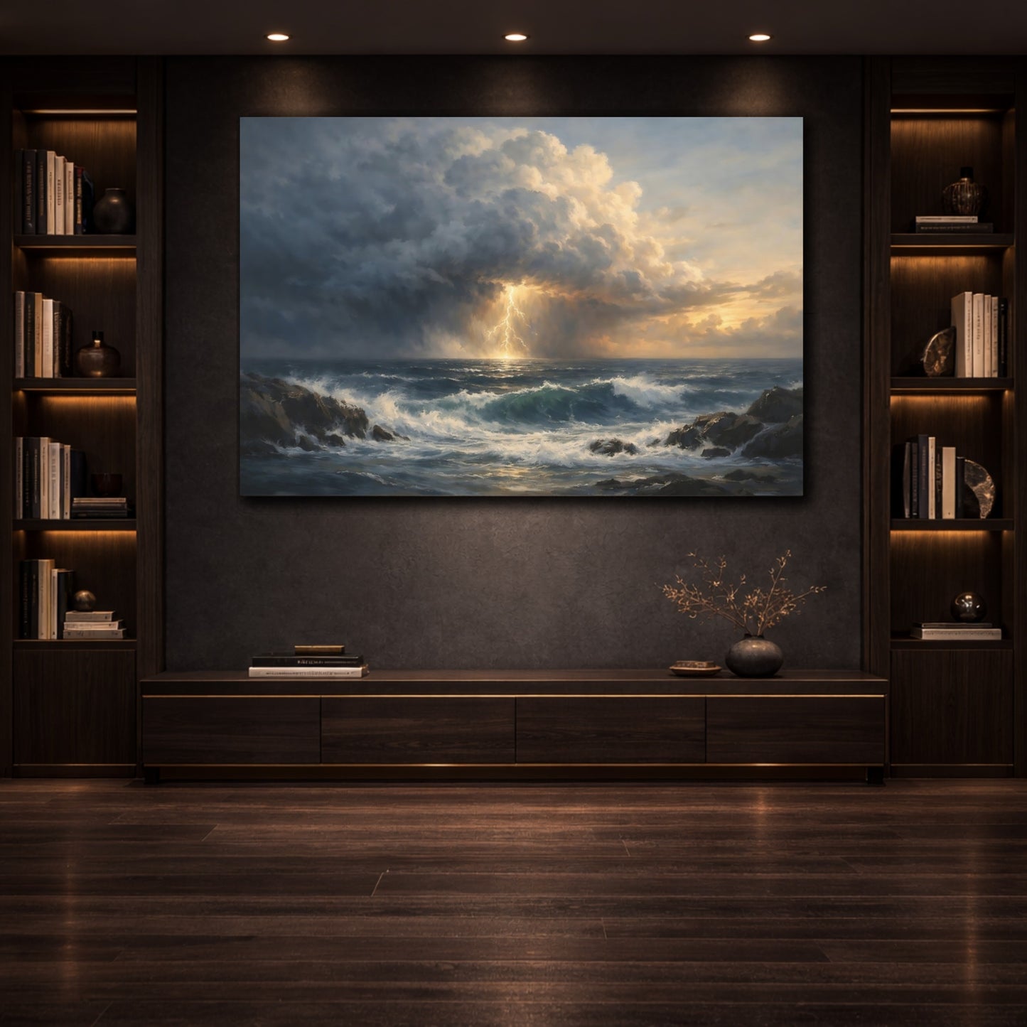 Mockup 3. Ocean Storm Front Cinematic Horizon shown as stretched canvas wall art