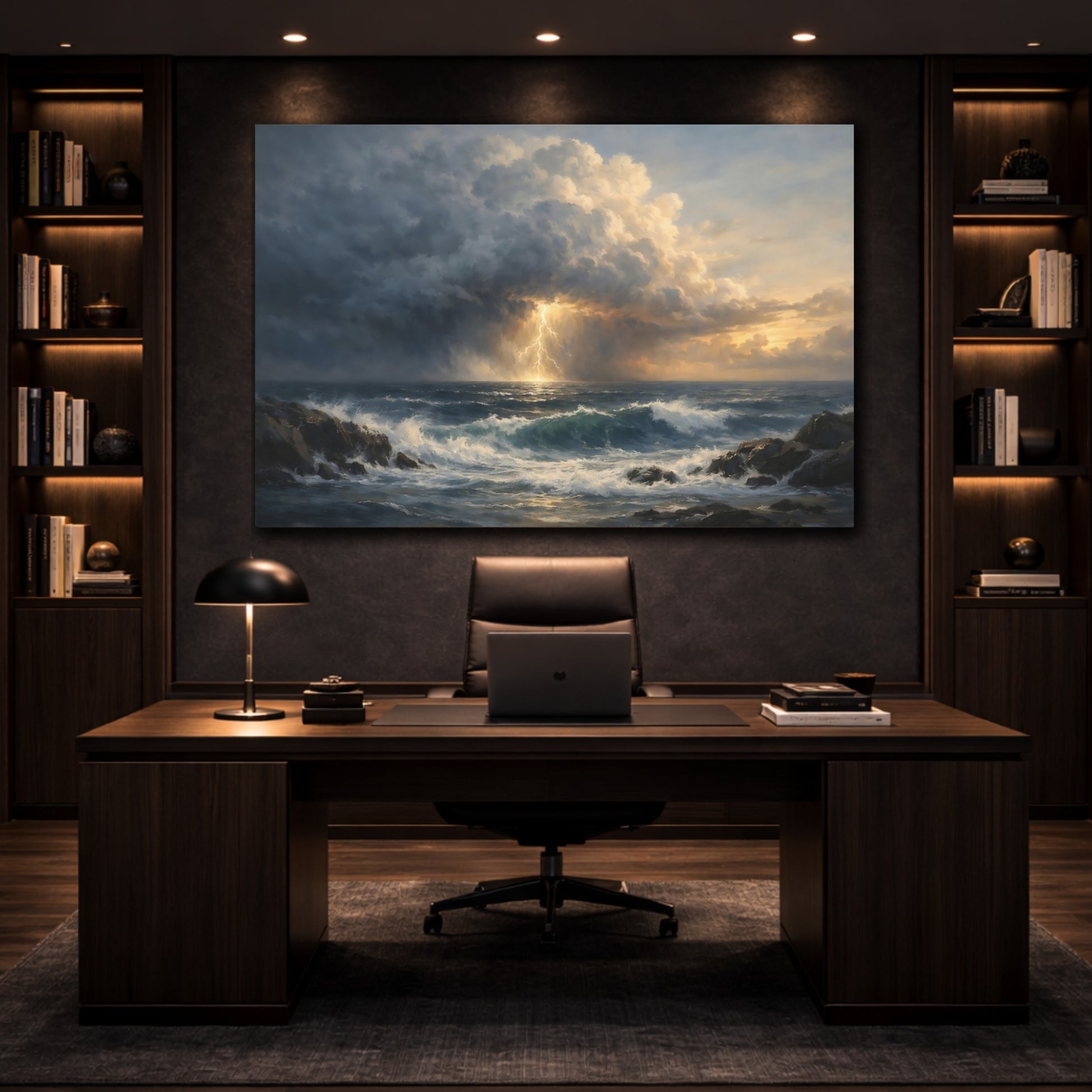 Mockup 4. Ocean Storm Front Cinematic Horizon shown as stretched canvas wall art