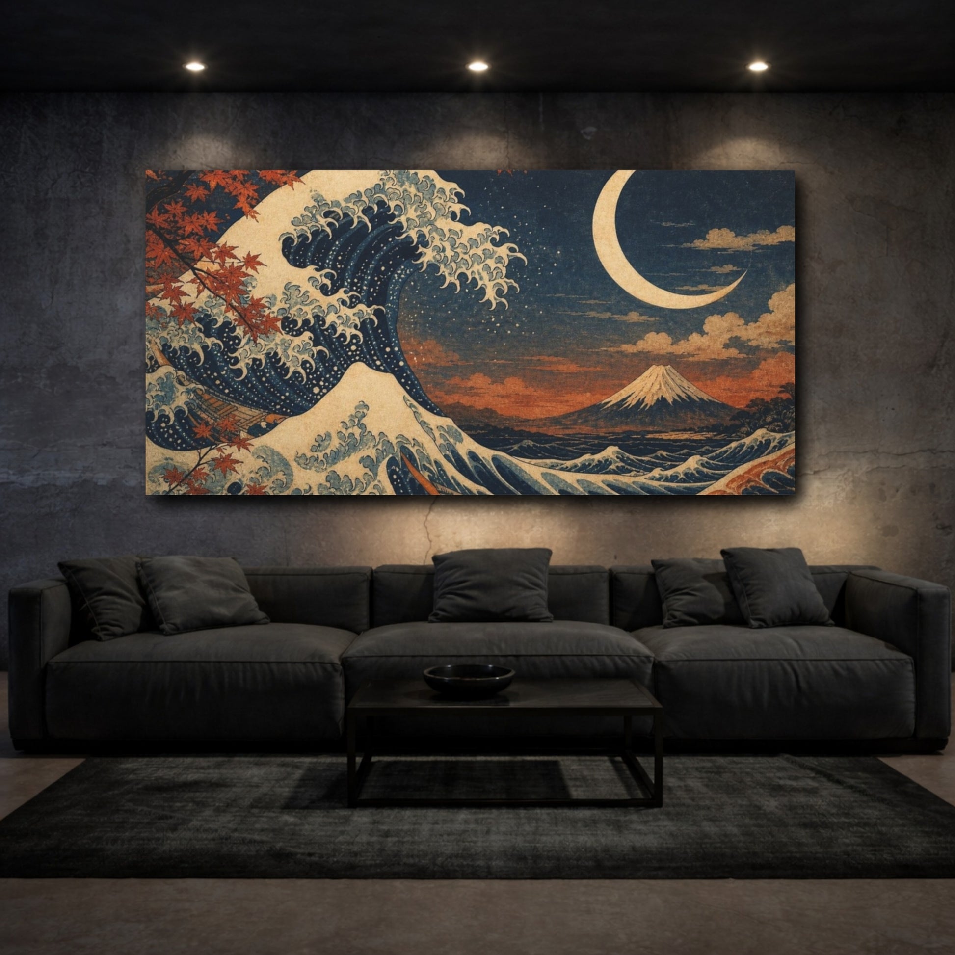 Mockup 3. Ocean Wave Nature And Moon shown as canvas print