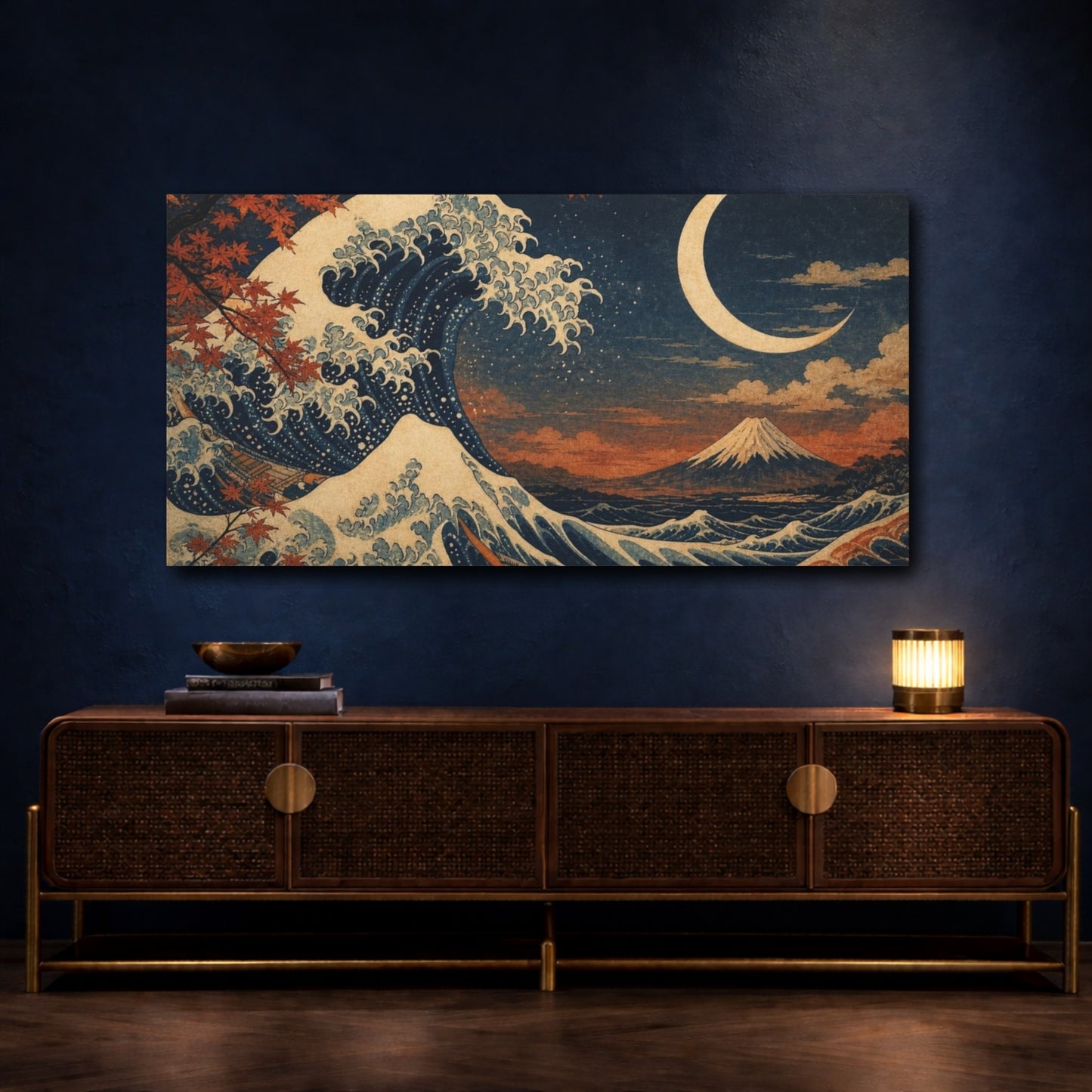 Mockup 4. Ocean Wave Nature And Moon shown as canvas print