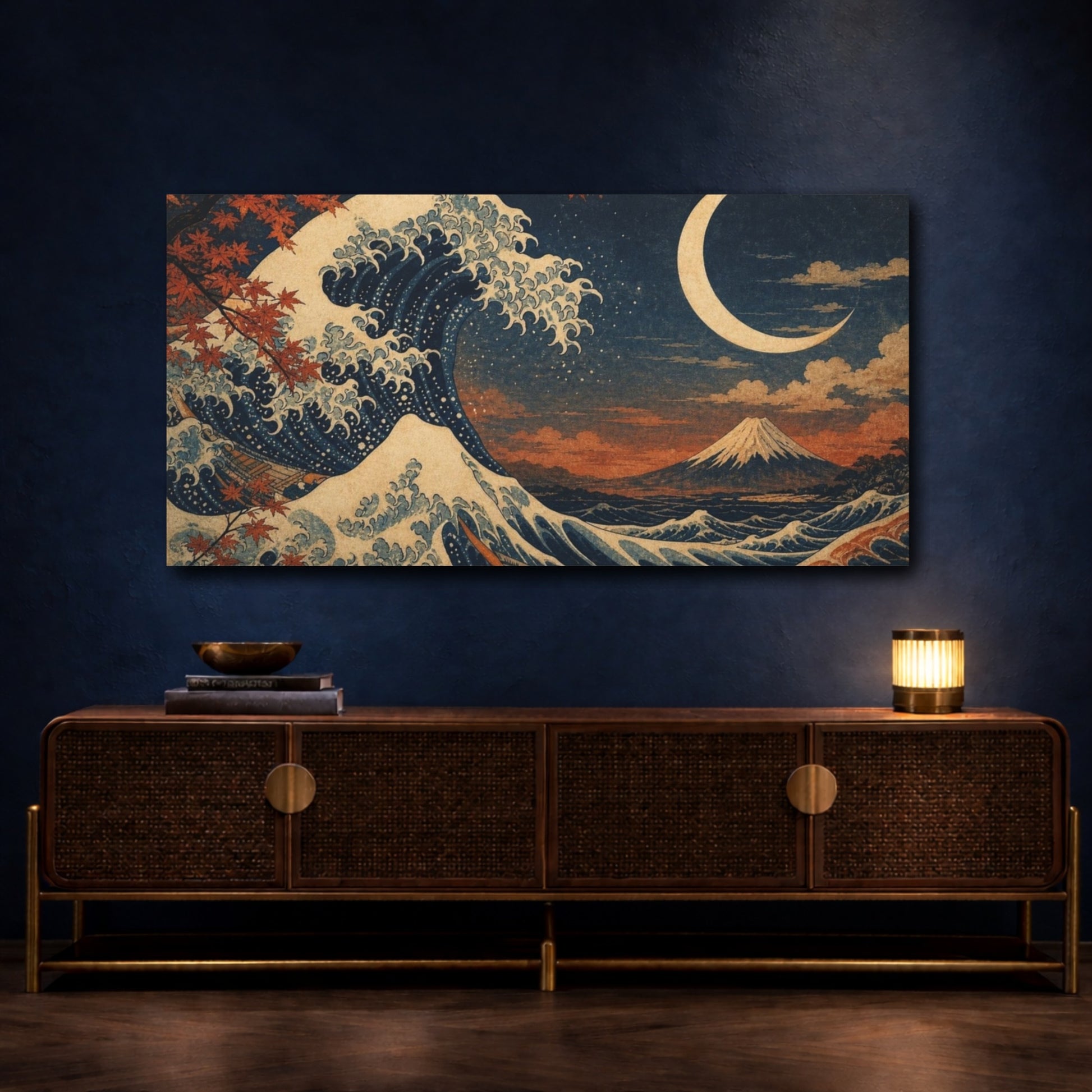 Mockup 4. Ocean Wave Nature And Moon shown as canvas print