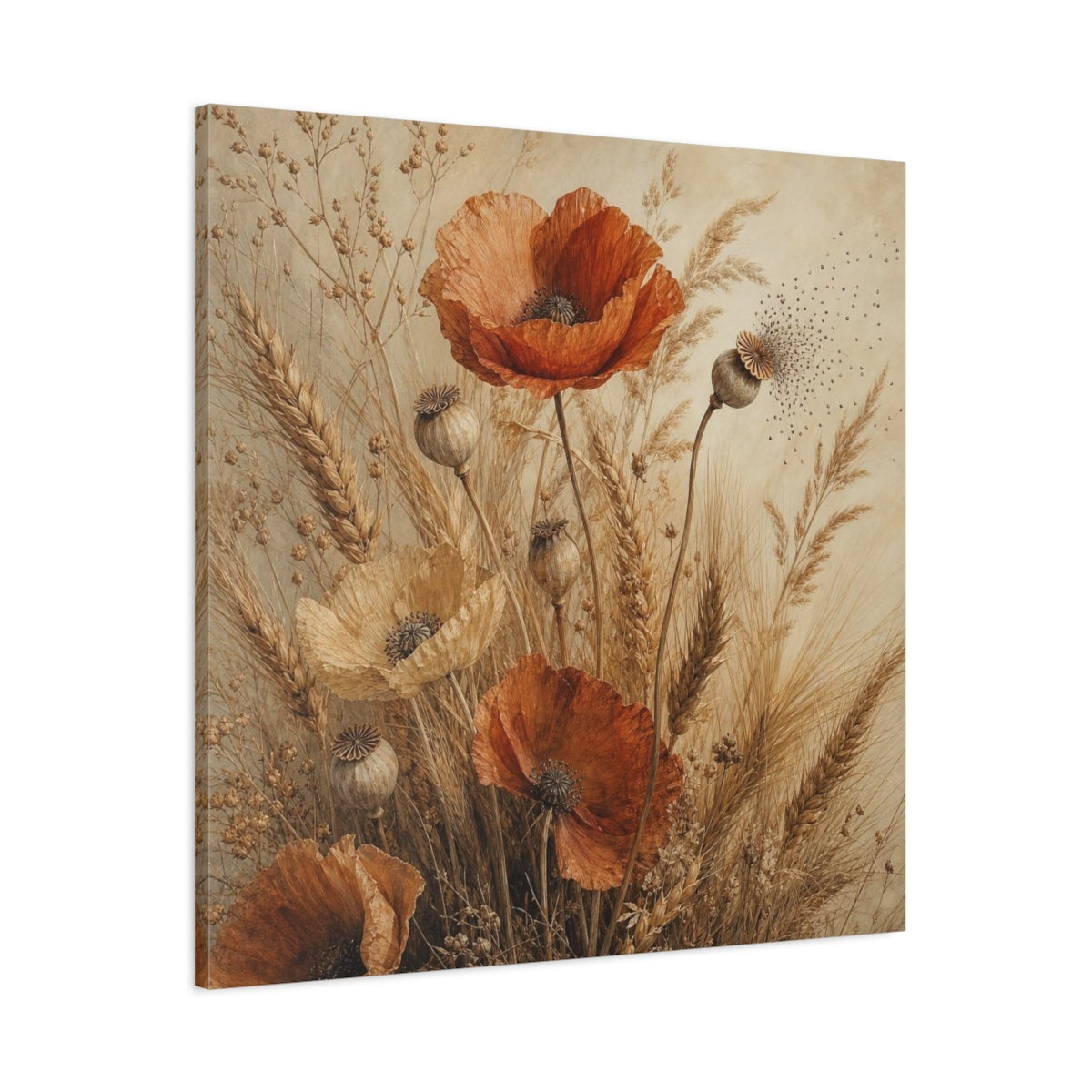 Main Mockup. Ochre Poppies And Wheat shown as canvas print