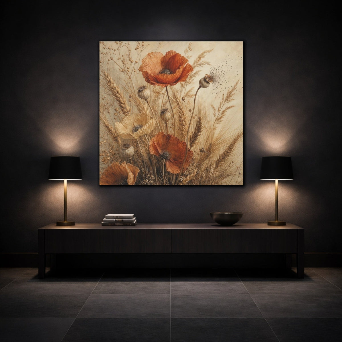 Ochre Poppies And Wheat Canvas Print – Living Room, Above Sofa, Clay, Beige - YesArtYes