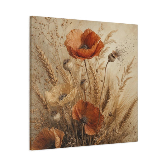 Ochre Poppies And Wheat Canvas Print – Living Room, Above Sofa, Clay, Beige - YesArtYes