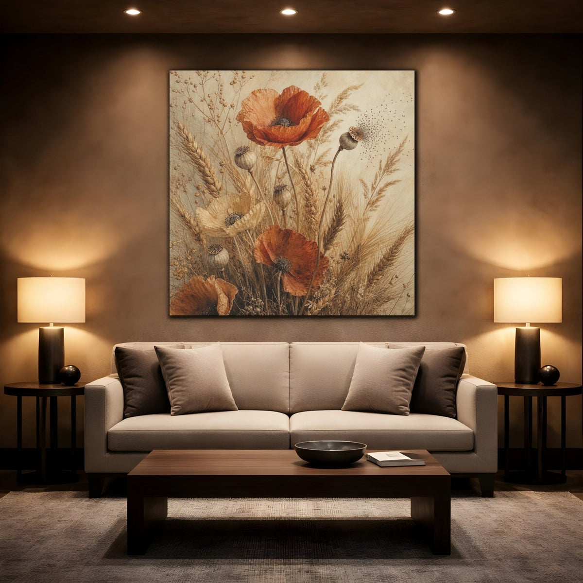Ochre Poppies And Wheat Canvas Print – Living Room, Above Sofa, Clay, Beige - YesArtYes