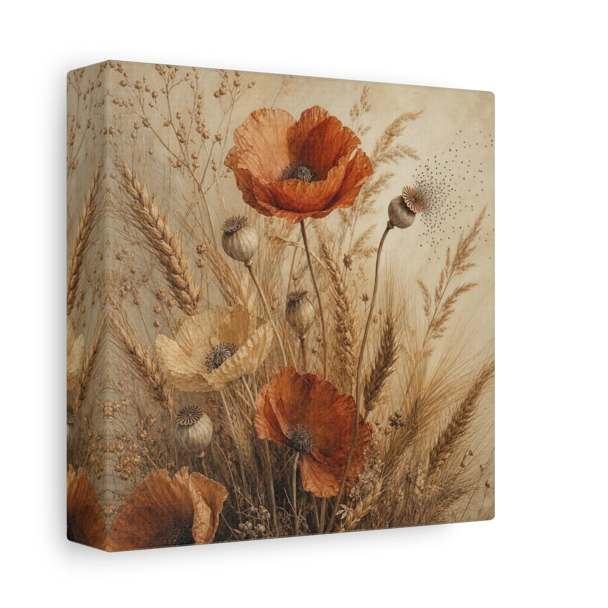 Side Mockup 2. Ochre Poppies And Wheat shown as canvas print