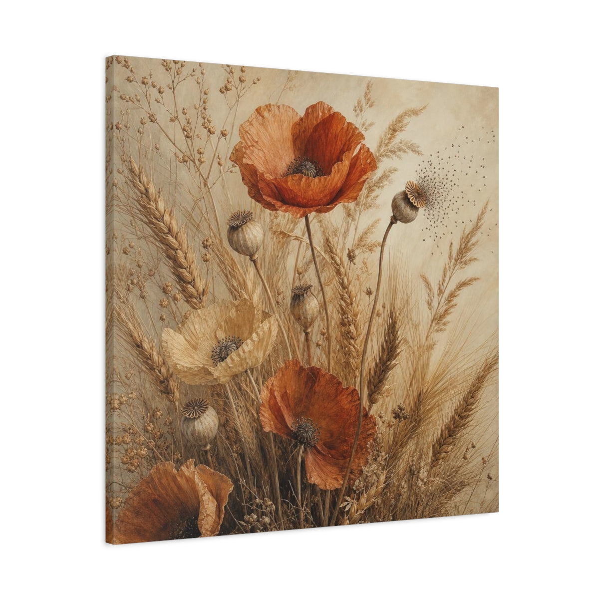 Side Mockup 3. Ochre Poppies And Wheat shown as canvas print