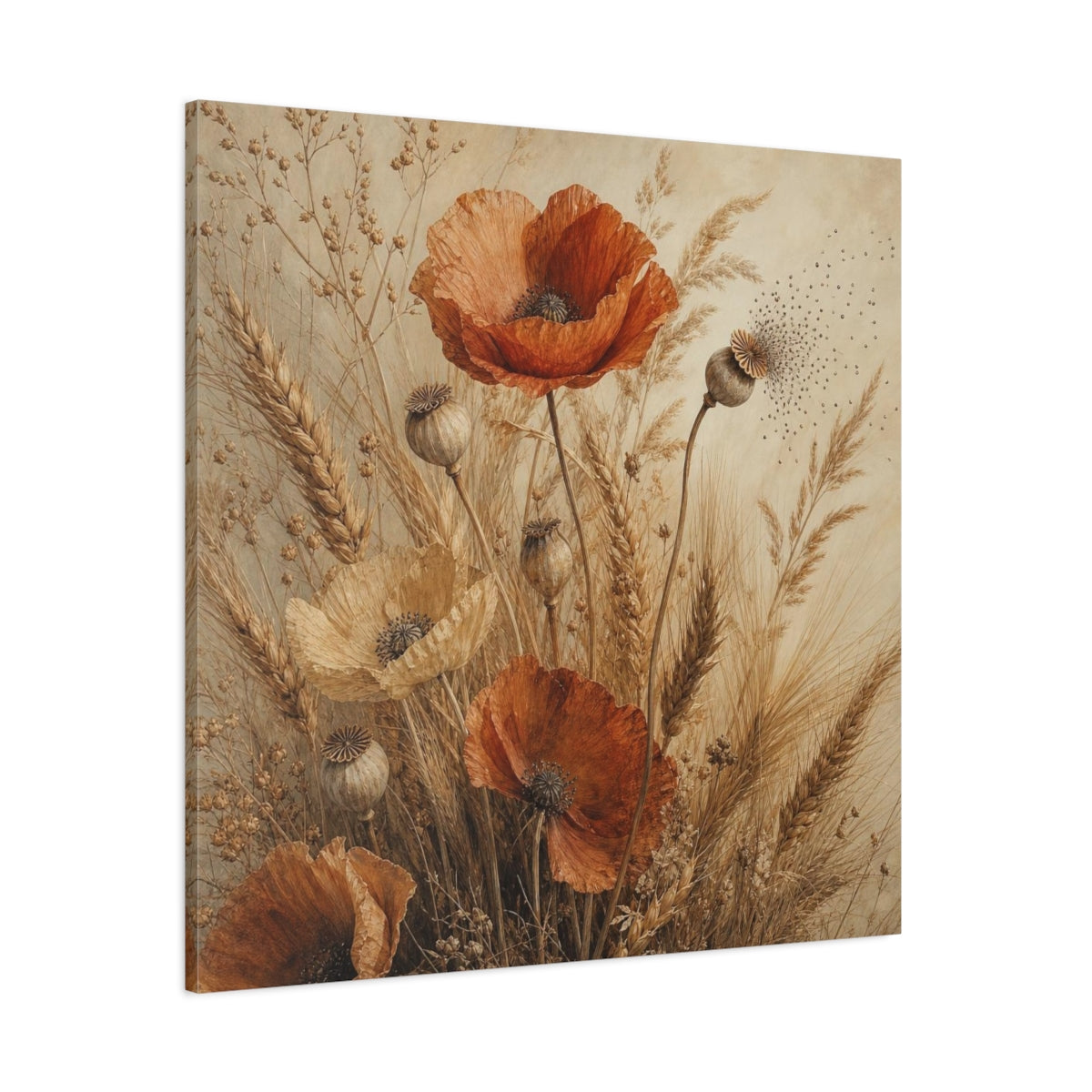 Side Mockup 1. Ochre Poppies And Wheat shown as canvas print