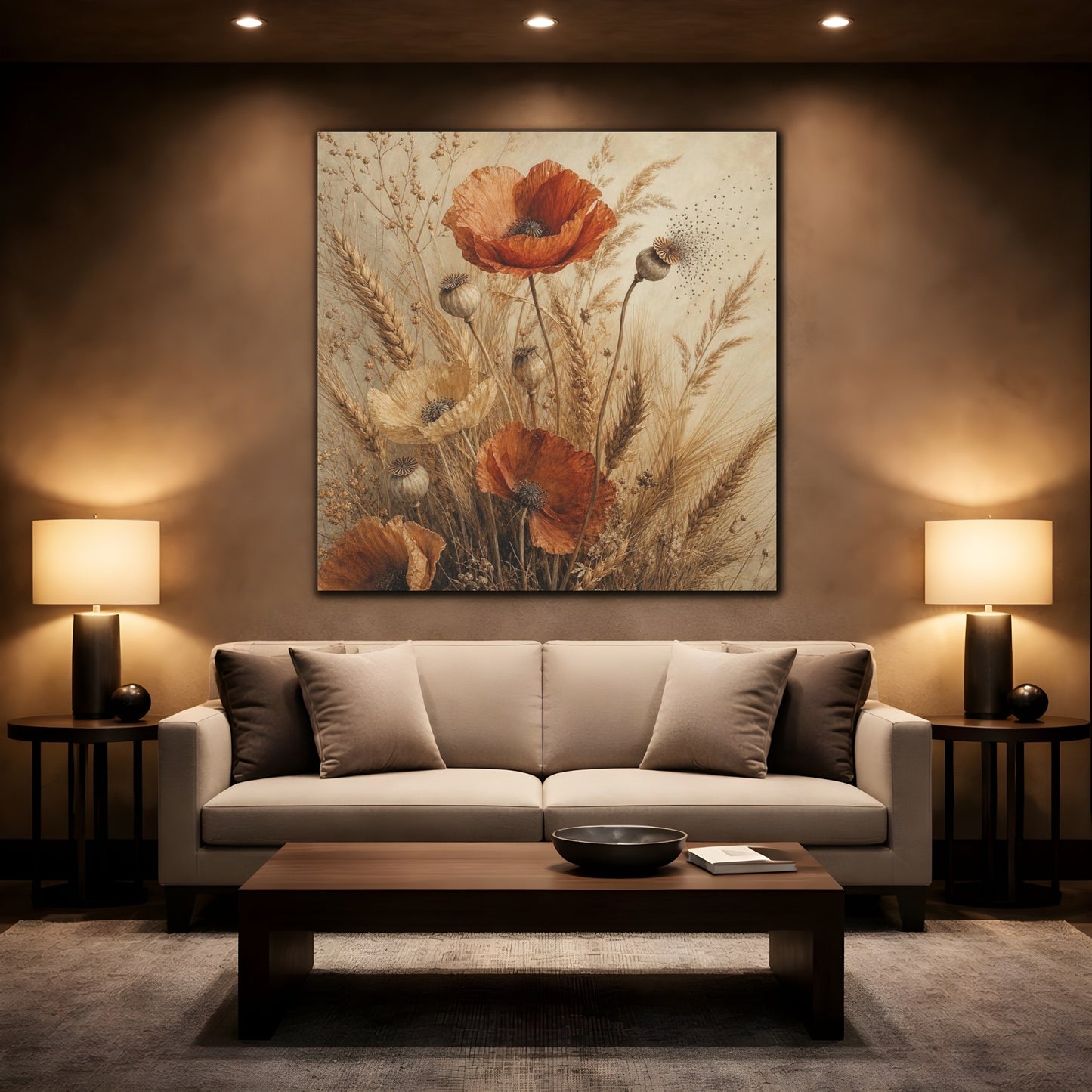 Mockup 2. Ochre Poppies And Wheat shown as canvas print