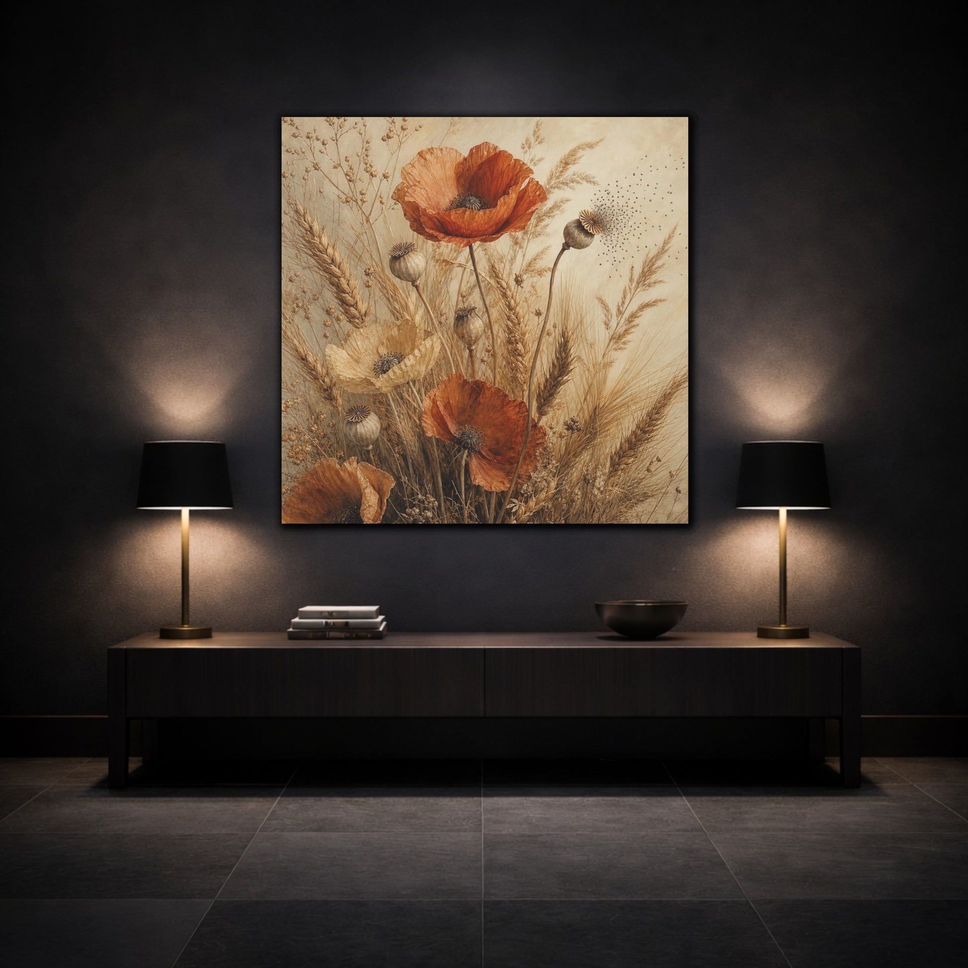 Mockup 3. Ochre Poppies And Wheat shown as canvas print
