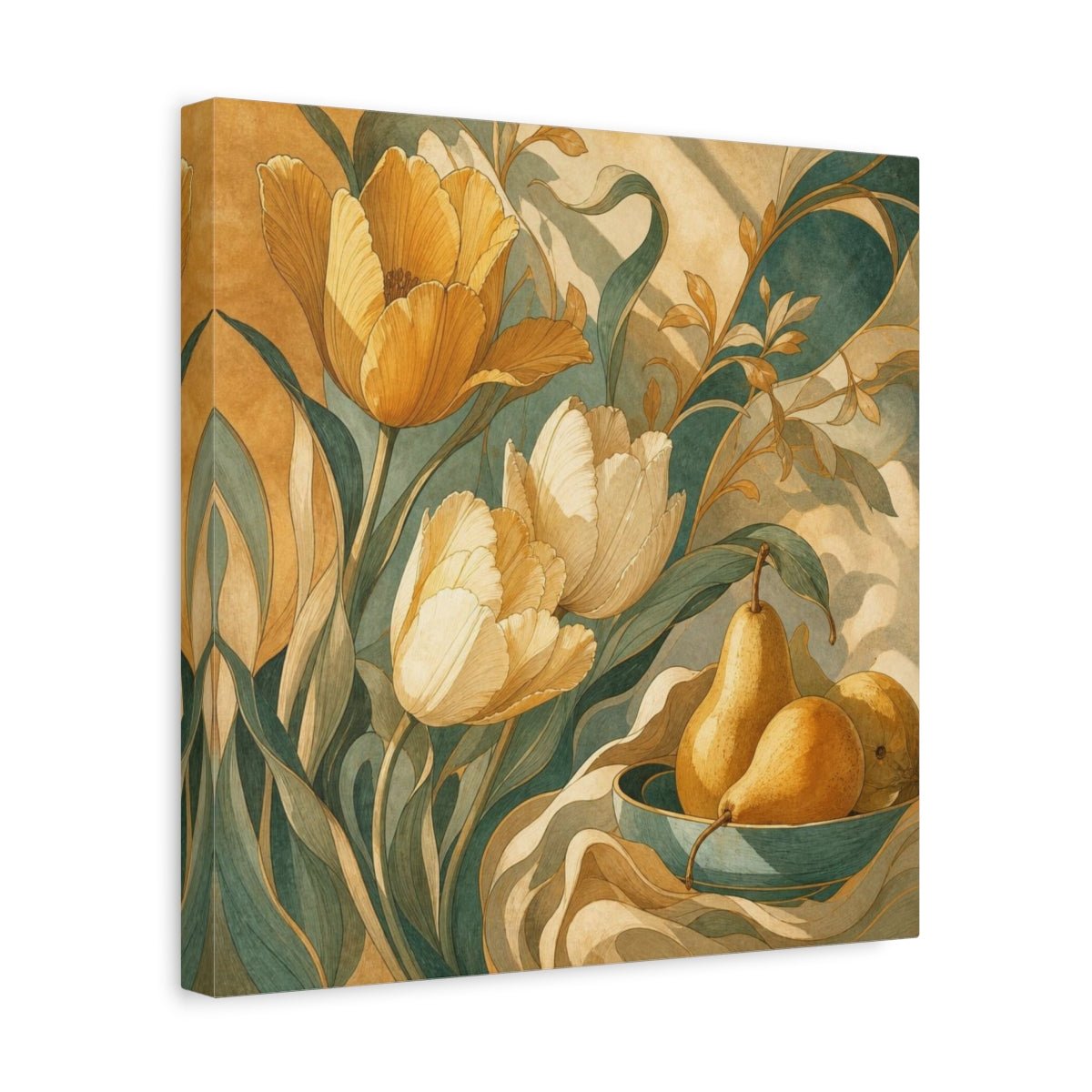Ochre Tulips And Pears Canvas Print – Living Room, Above Console Table, Teal - YesArtYes
