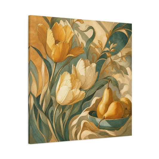 Ochre Tulips And Pears Canvas Print – Living Room, Above Console Table, Teal - YesArtYes