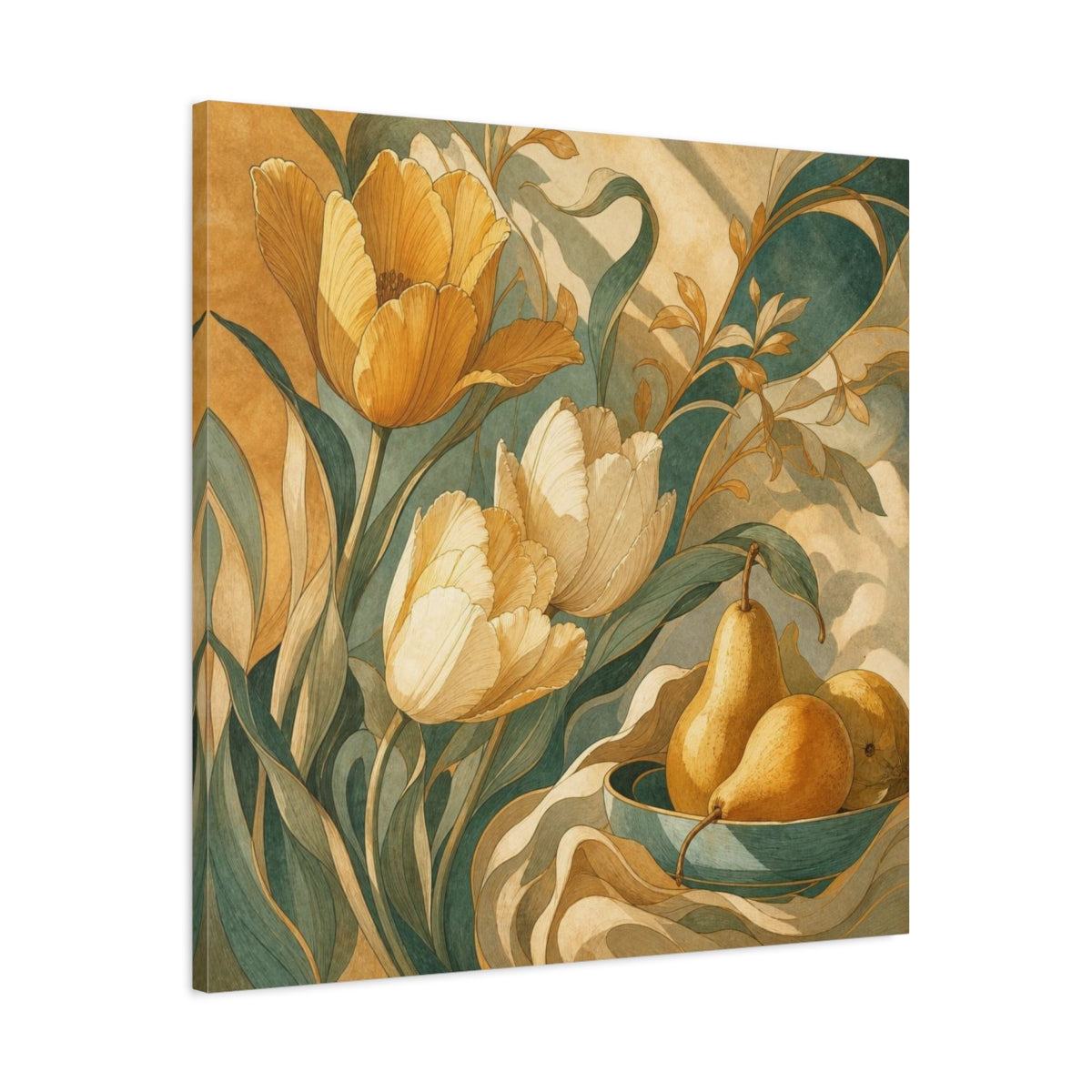 Side Mockup 3. Ochre Tulips And Pears shown as canvas print