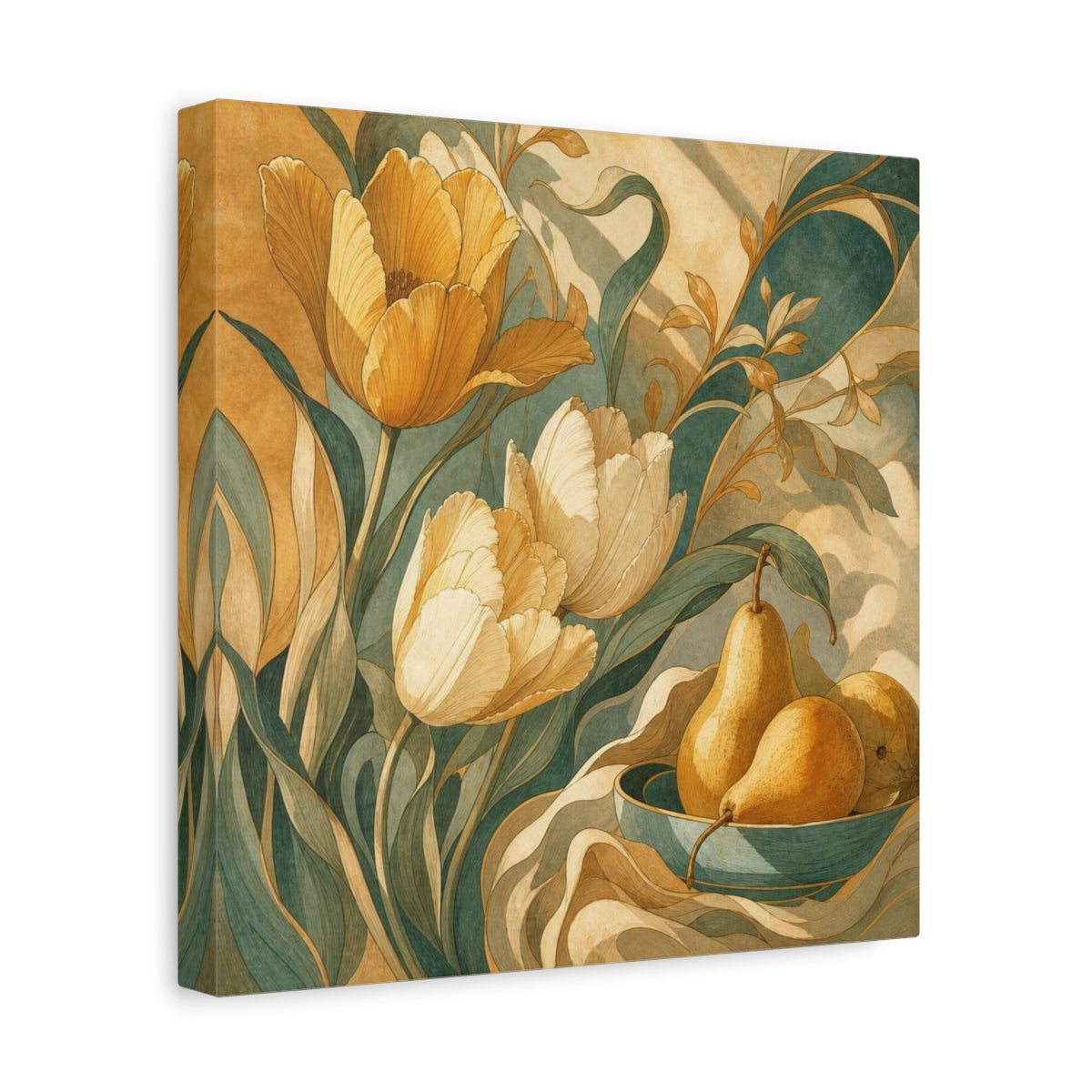 Side Mockup 8. Ochre Tulips And Pears shown as canvas print