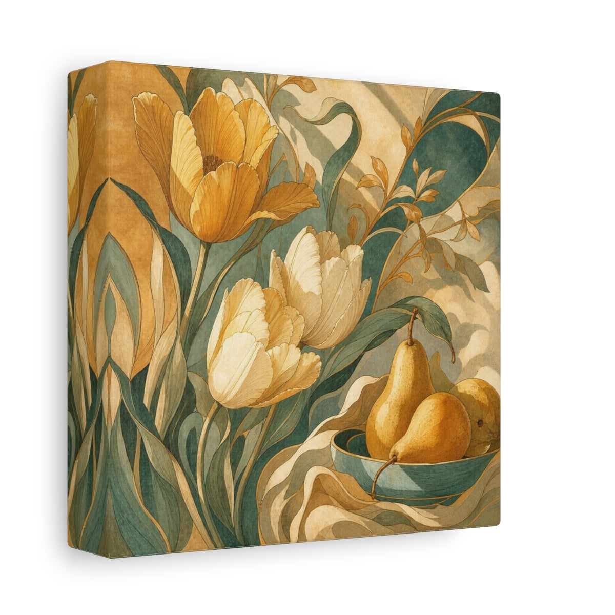 Side Mockup 2. Ochre Tulips And Pears shown as canvas print