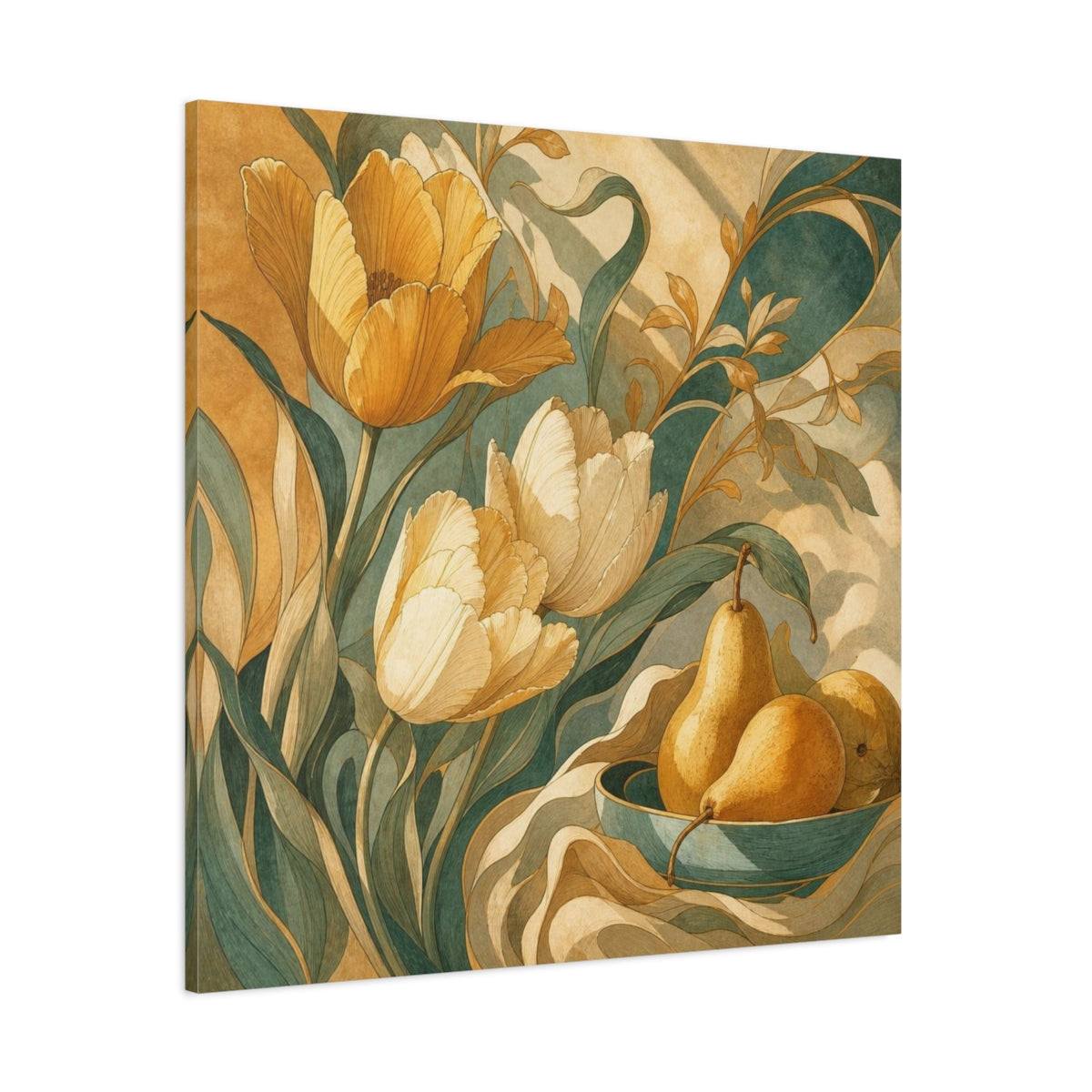 Side Mockup 1. Ochre Tulips And Pears shown as canvas print