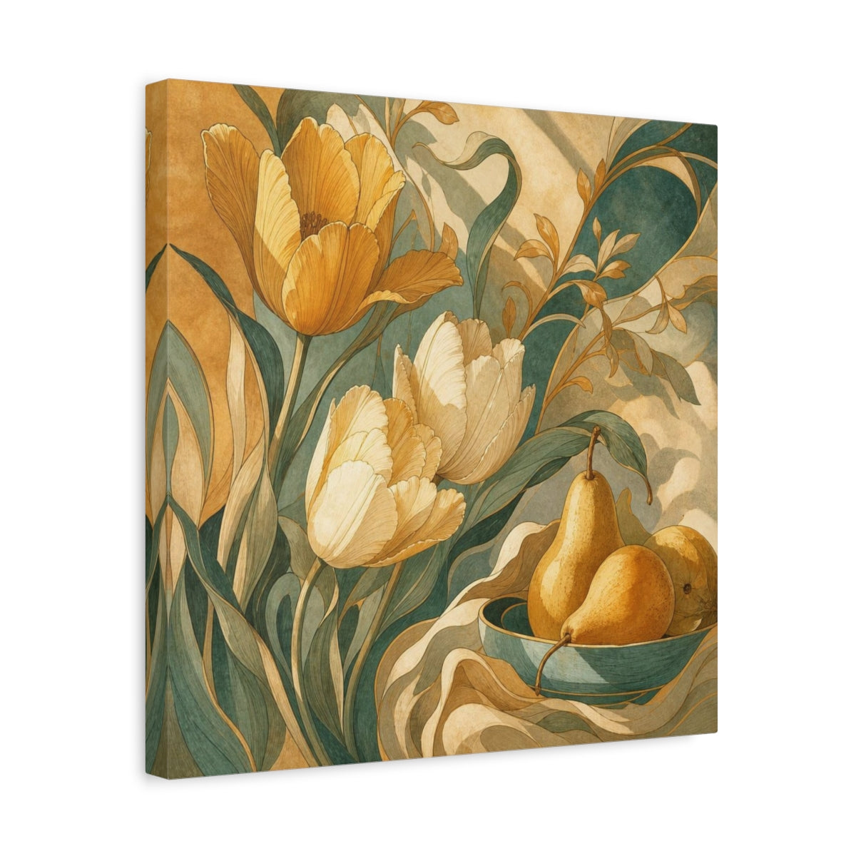 Side Mockup 6. Ochre Tulips And Pears shown as canvas print