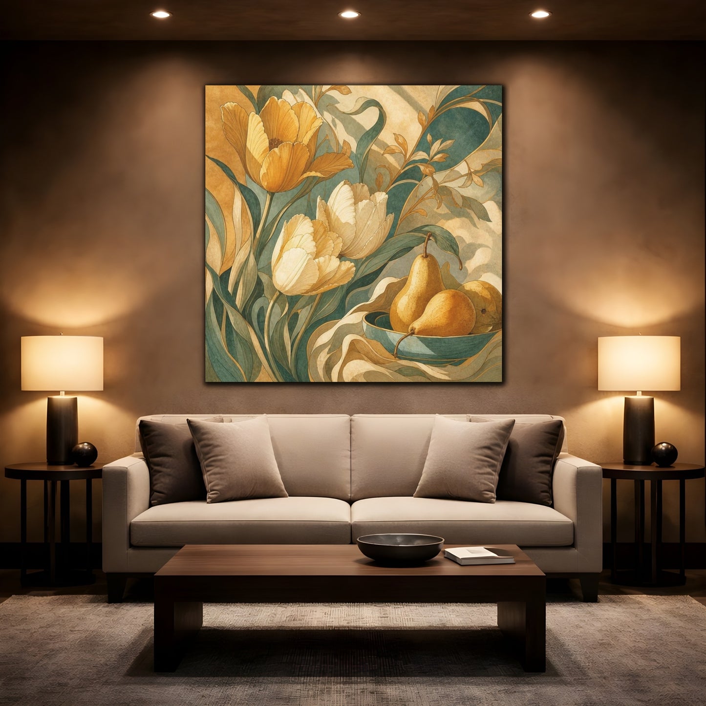 Mockup 2. Ochre Tulips And Pears shown as canvas print