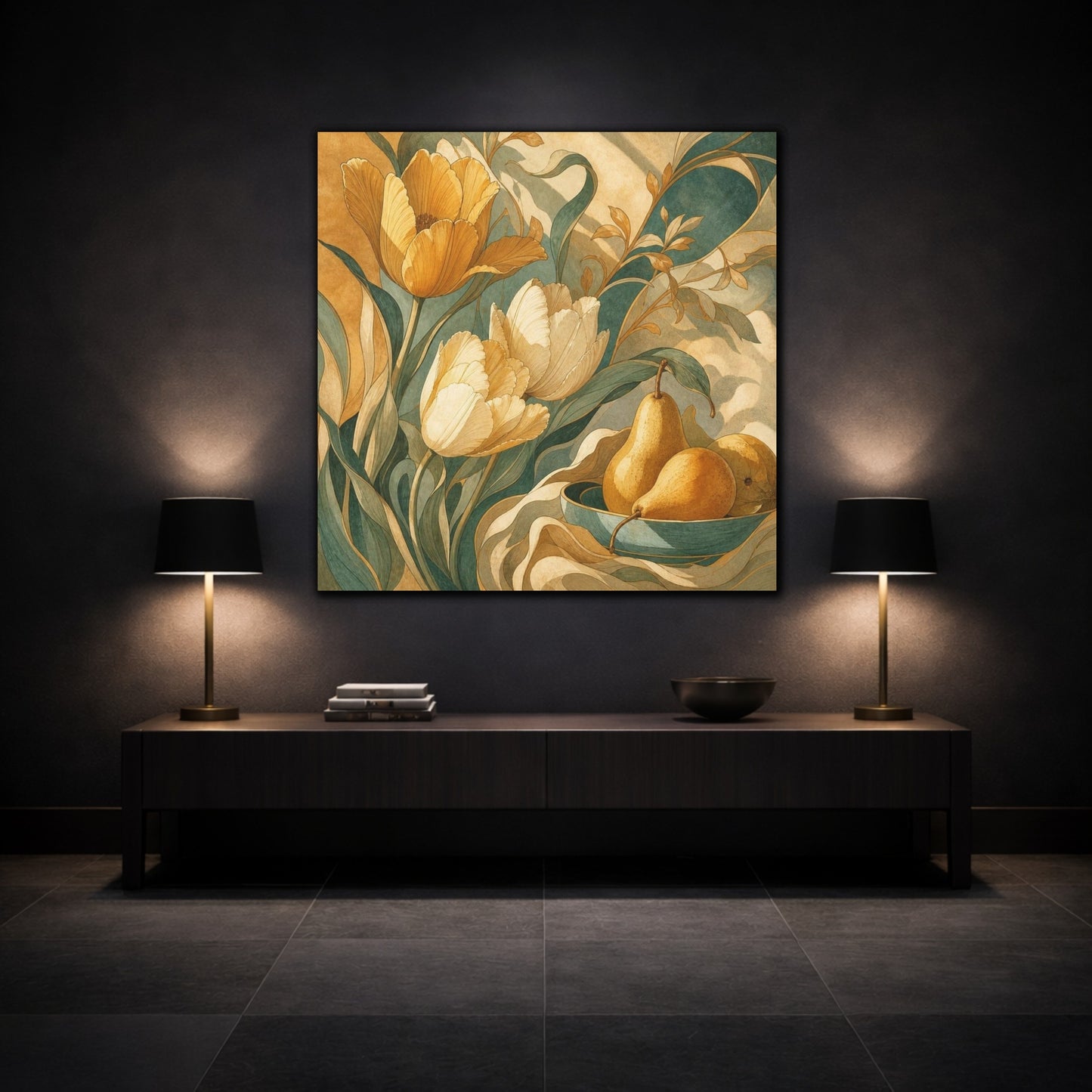 Mockup 3. Ochre Tulips And Pears shown as canvas print