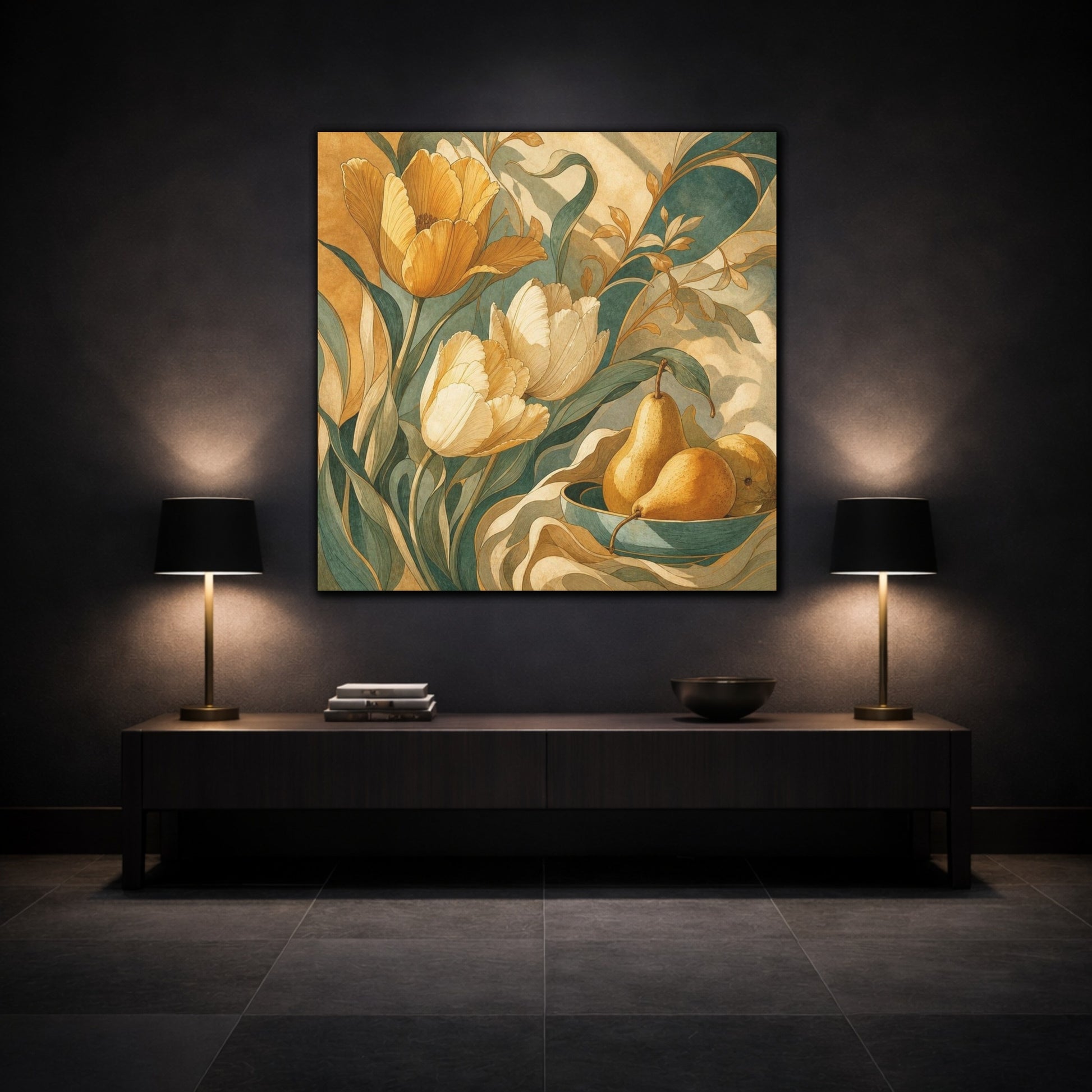 Mockup 3. Ochre Tulips And Pears shown as canvas print