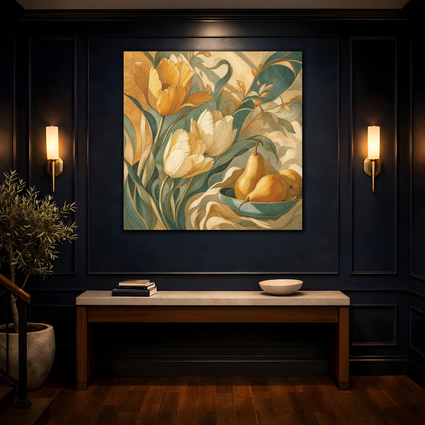 Mockup 4. Ochre Tulips And Pears shown as canvas print