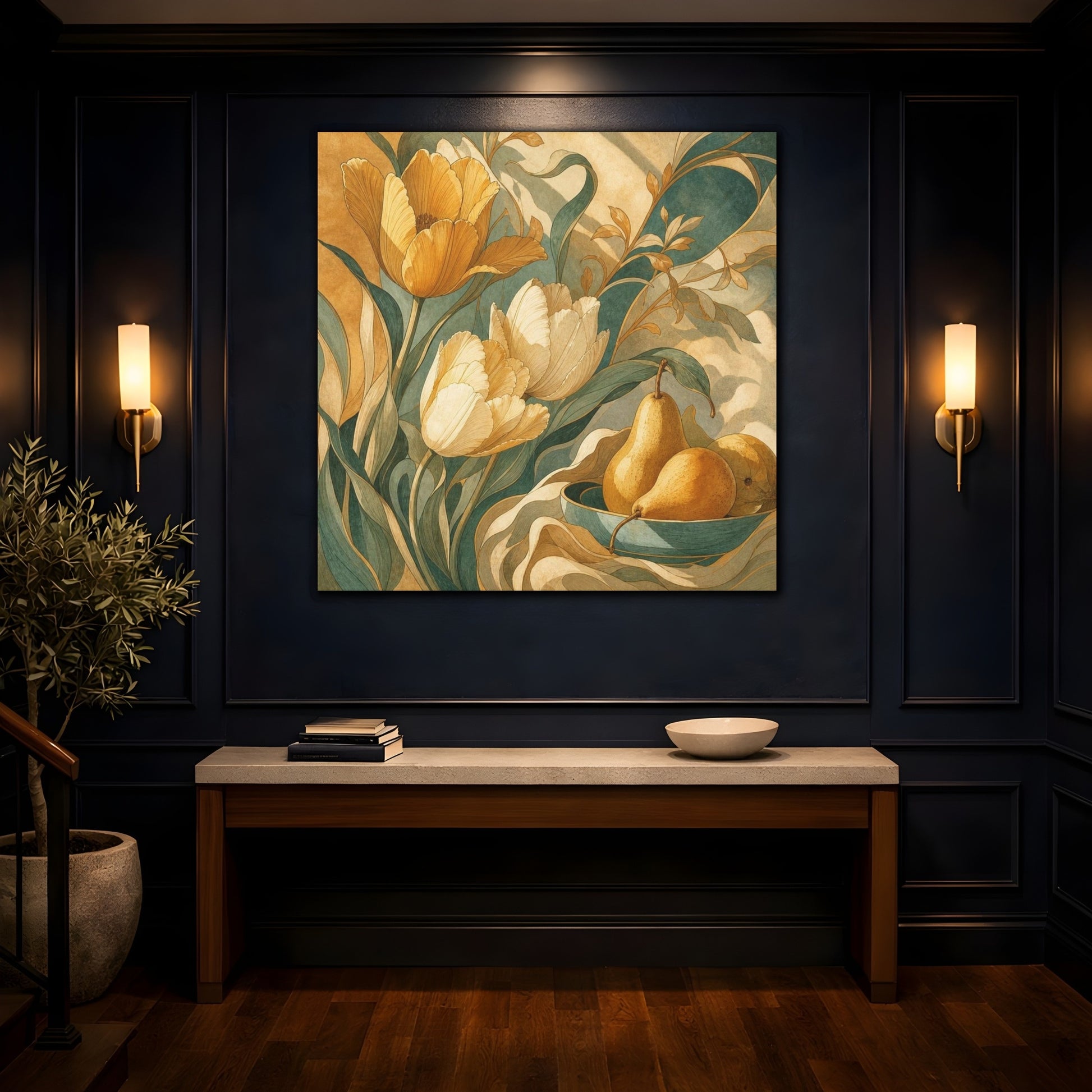Mockup 4. Ochre Tulips And Pears shown as canvas print
