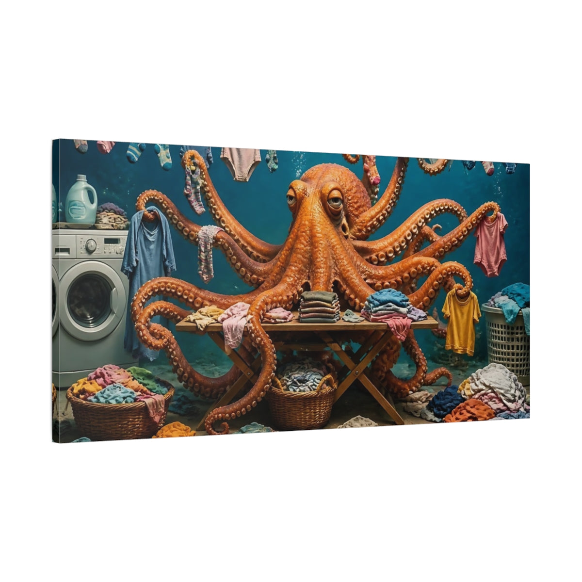 Main Mockup. Octopus Laundry Day shown as canvas print