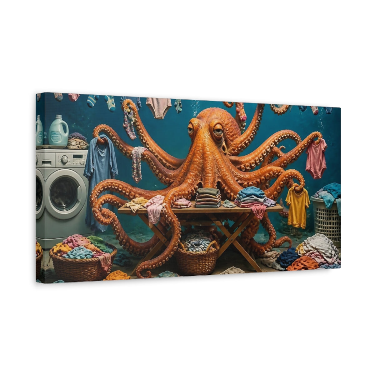 Side Mockup 3. Octopus Laundry Day shown as canvas print