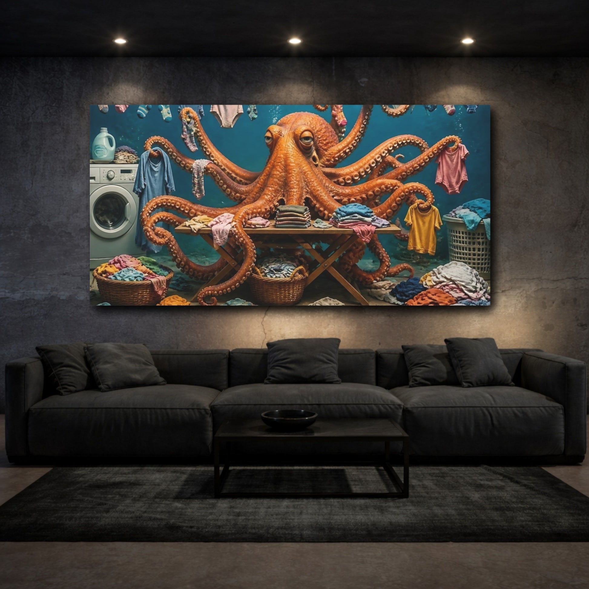 Mockup 3. Octopus Laundry Day shown as canvas print