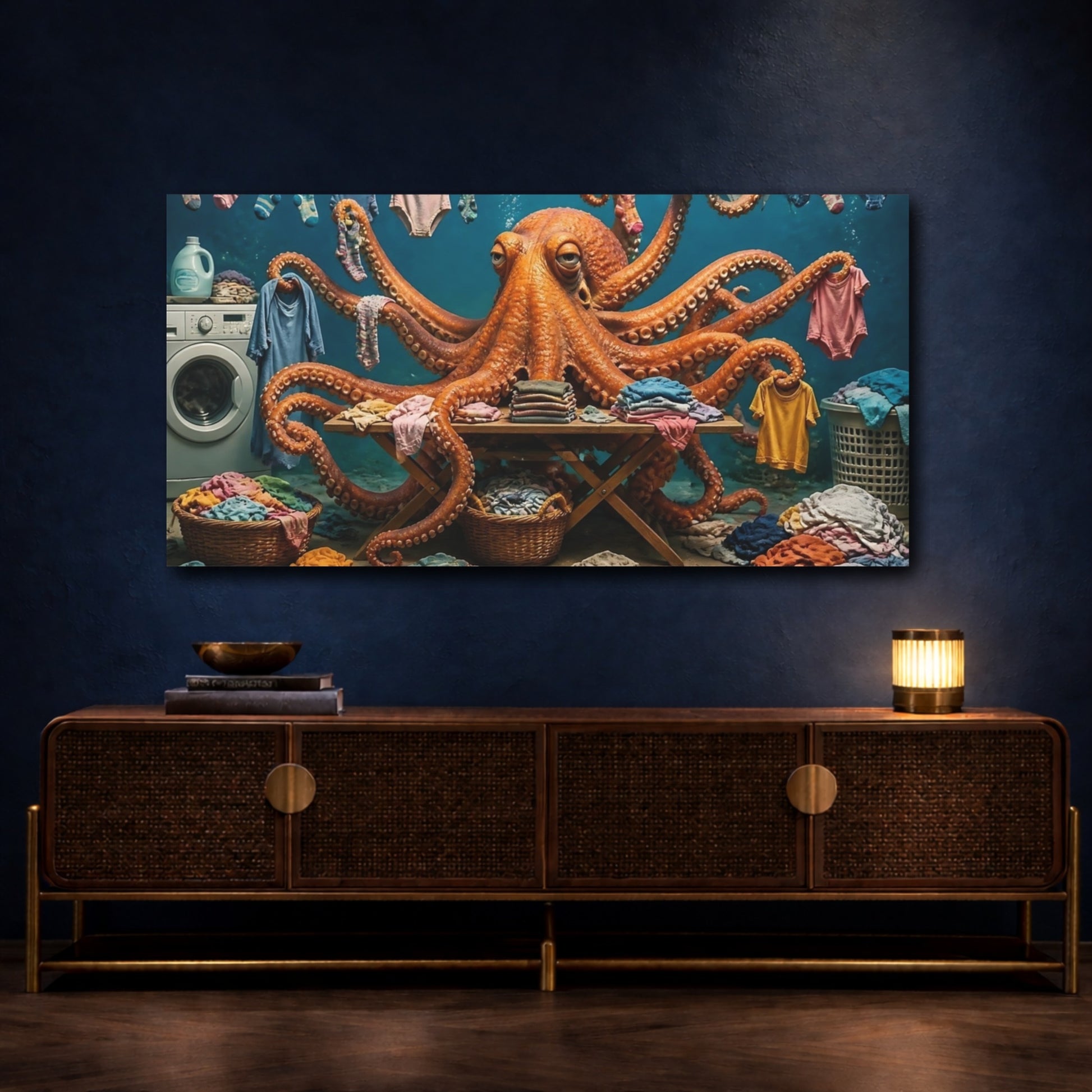 Mockup 4. Octopus Laundry Day shown as canvas print