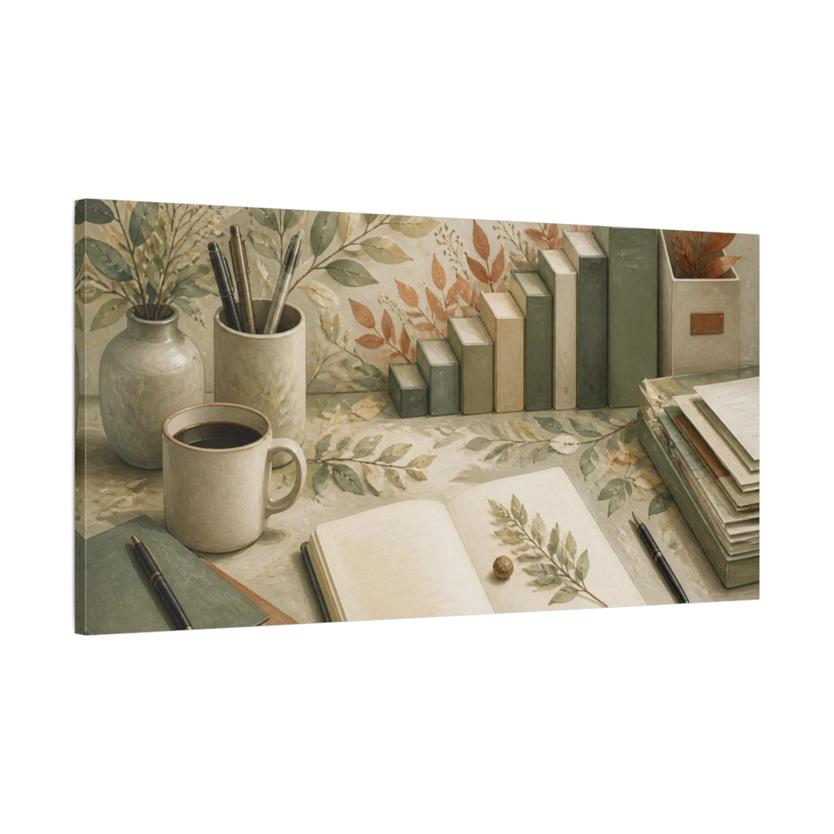 Main Mockup. Office Book And Leaves shown as canvas print