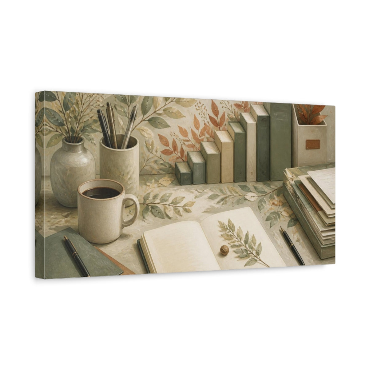 Side Mockup 3. Office Book And Leaves shown as canvas print