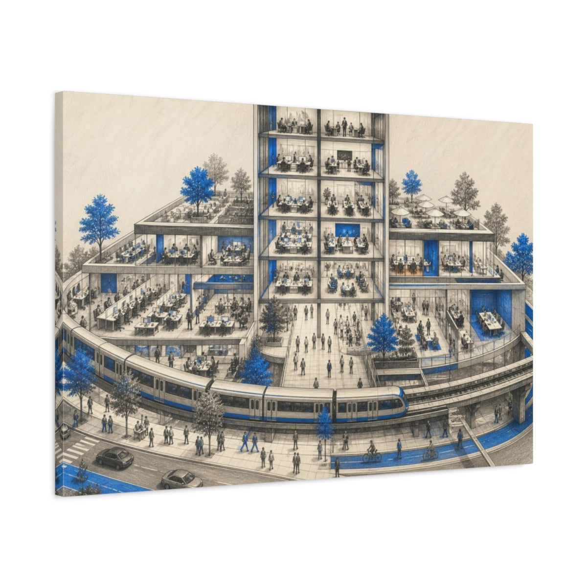 Main Mockup. Office Building Blue Accented Train People shown as canvas print